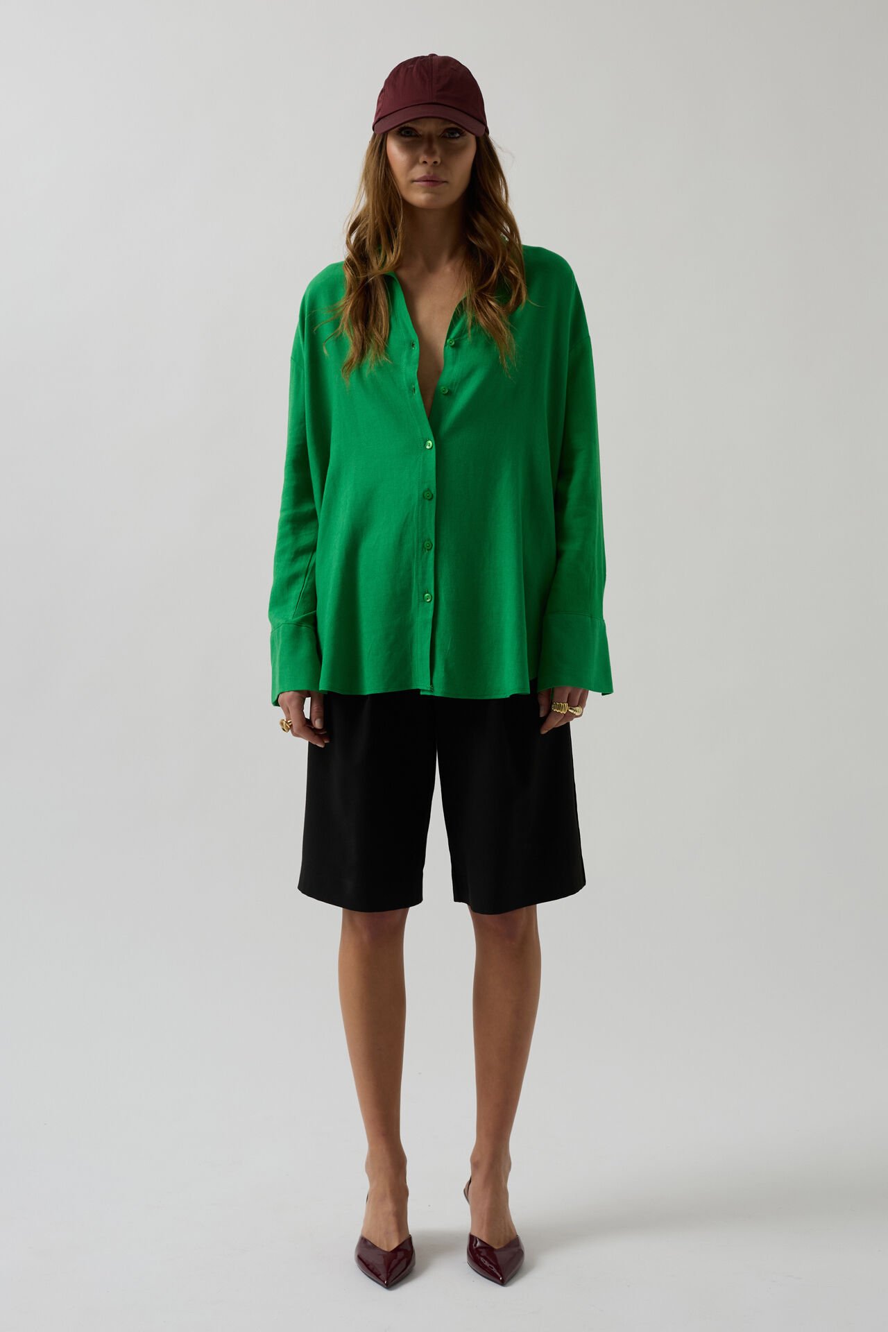 Toptan Oversize Yeşil Keten Gömlek