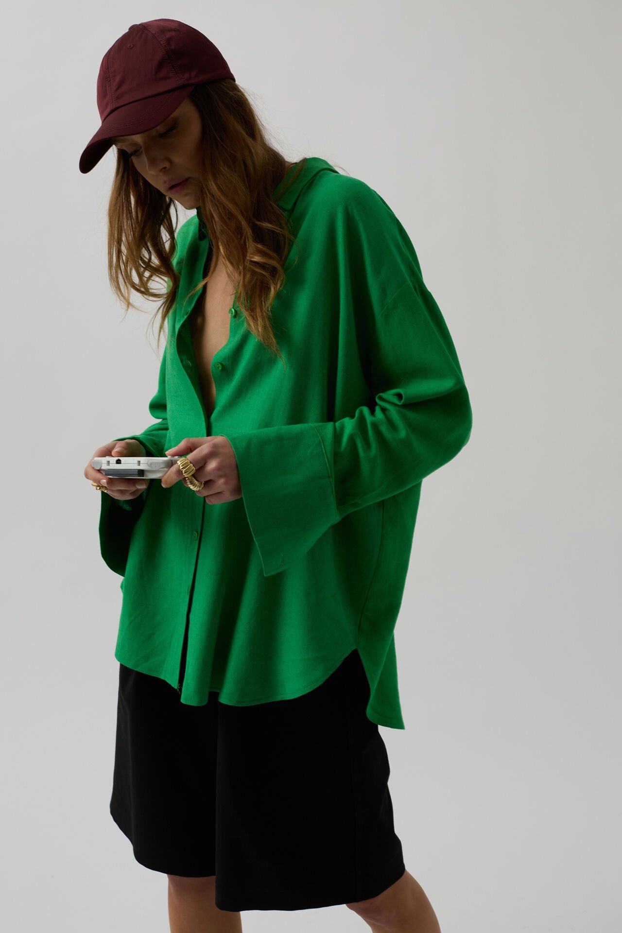 Toptan Oversize Yeşil Keten Gömlek