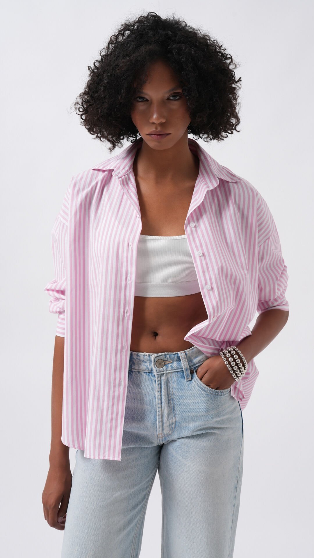 Toptan Çizgili Detay Oversize Pembe Gömlek