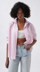 Toptan Çizgili Detay Oversize Pembe Gömlek
