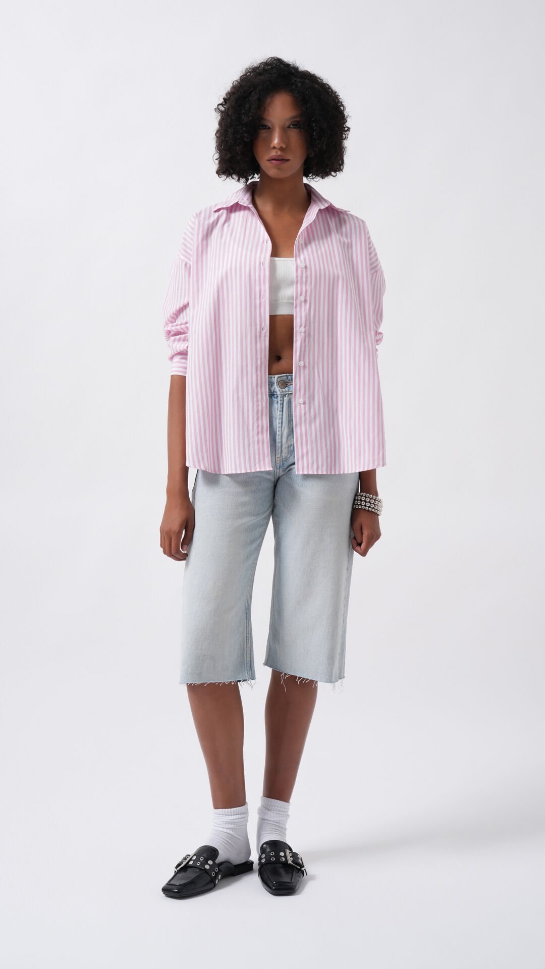 Toptan Çizgili Detay Oversize Pembe Gömlek