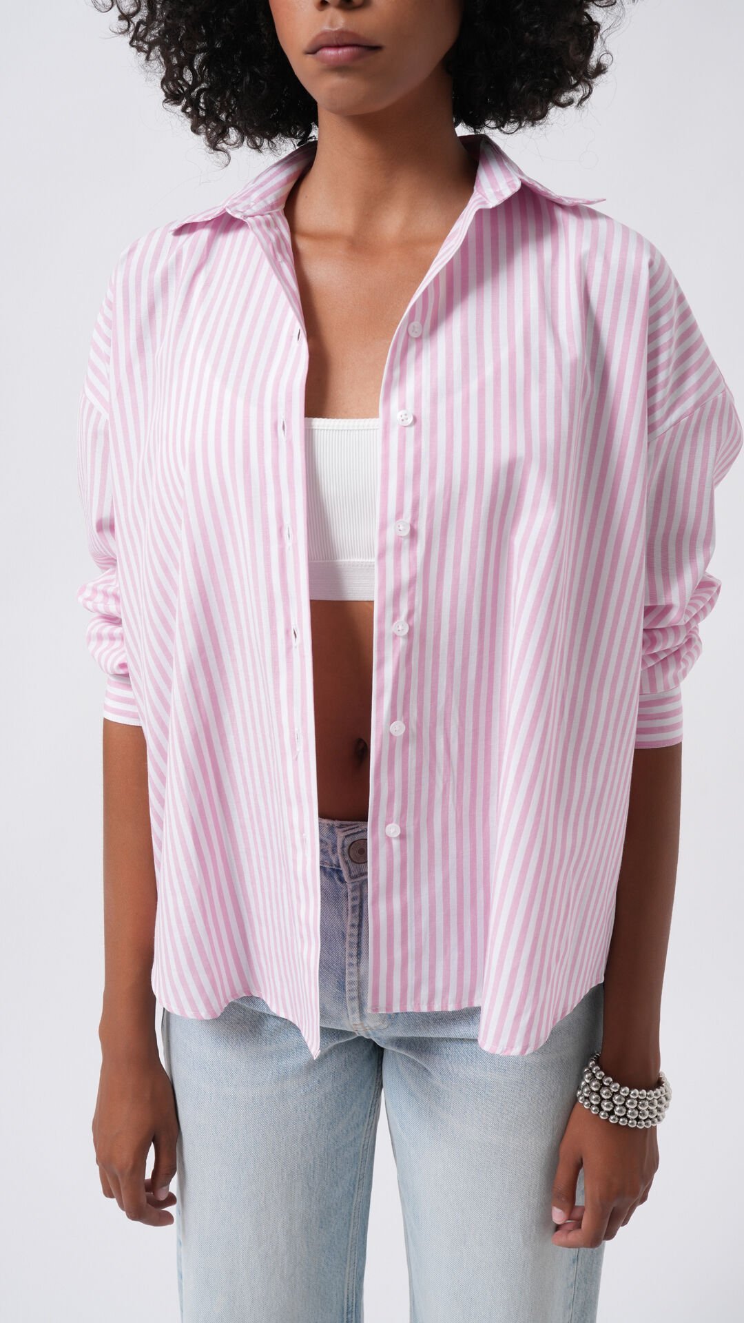 Wholesale Striped Detail Oversize Pink Shirt