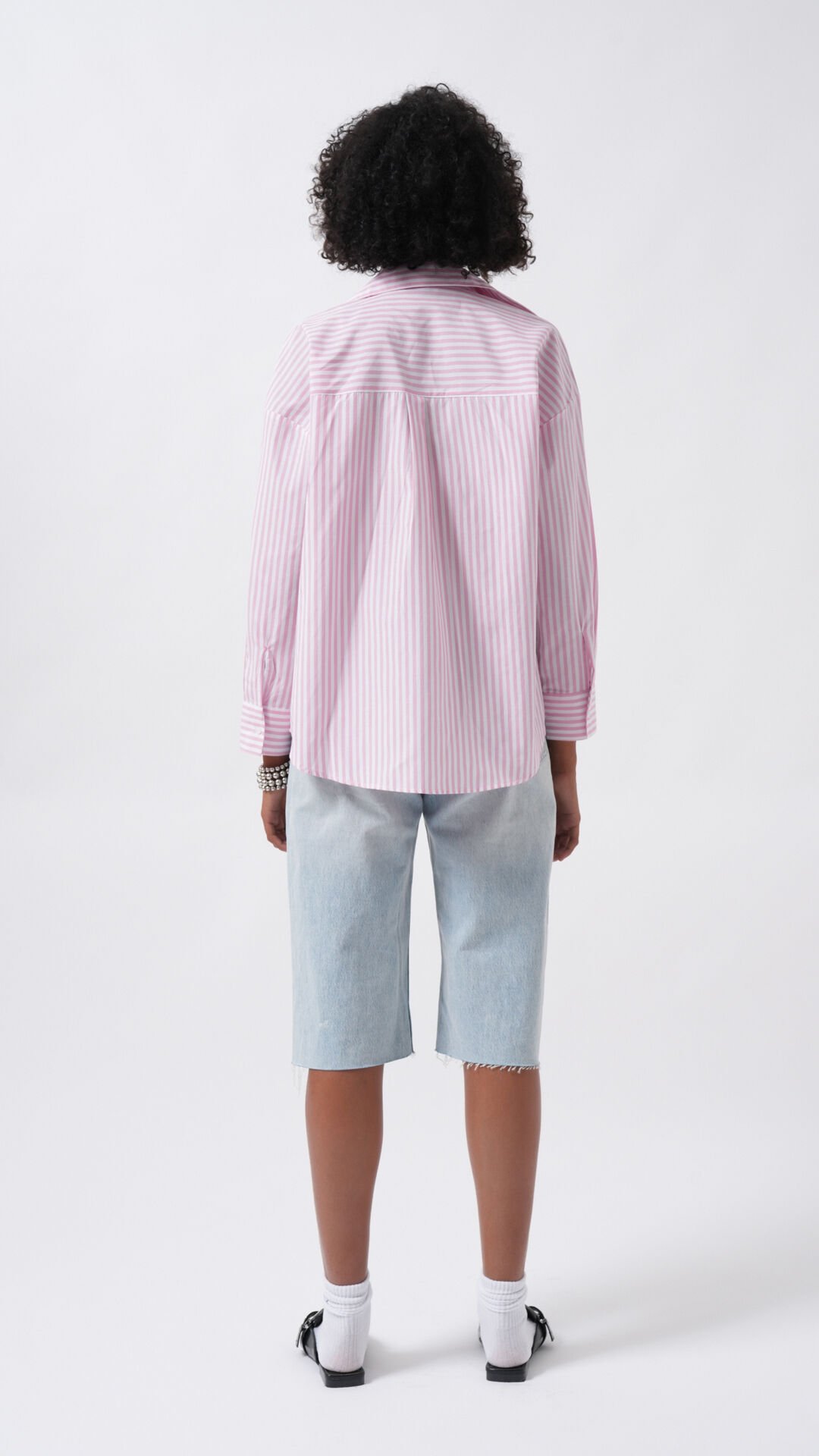 Toptan Çizgili Detay Oversize Pembe Gömlek