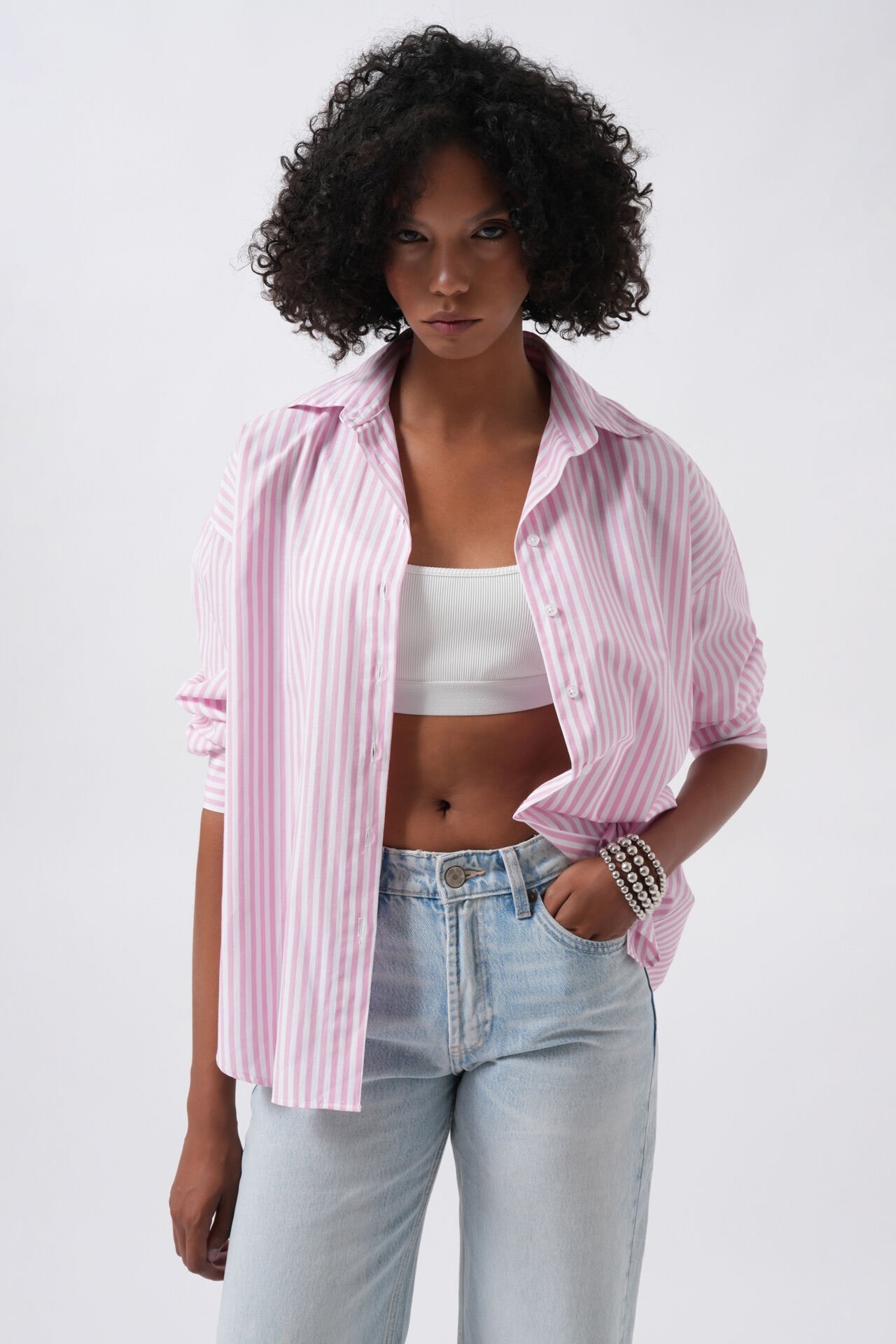 Toptan Çizgili Detay Oversize Pembe Gömlek
