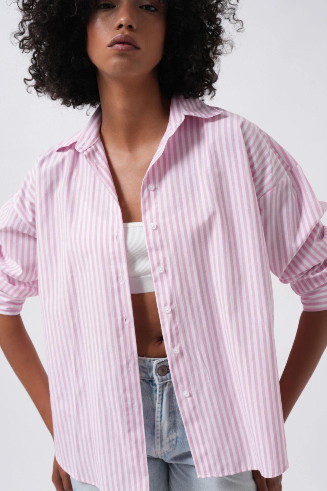 Toptan Çizgili Detay Oversize Pembe Gömlek