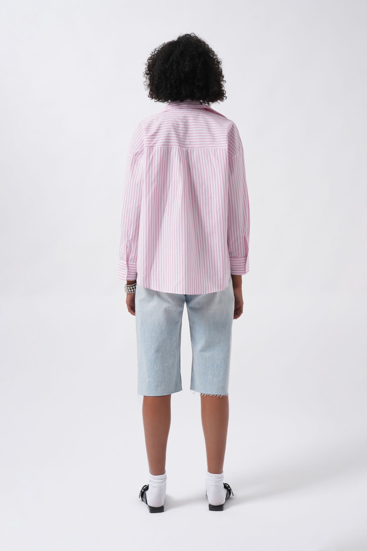 Toptan Çizgili Detay Oversize Pembe Gömlek