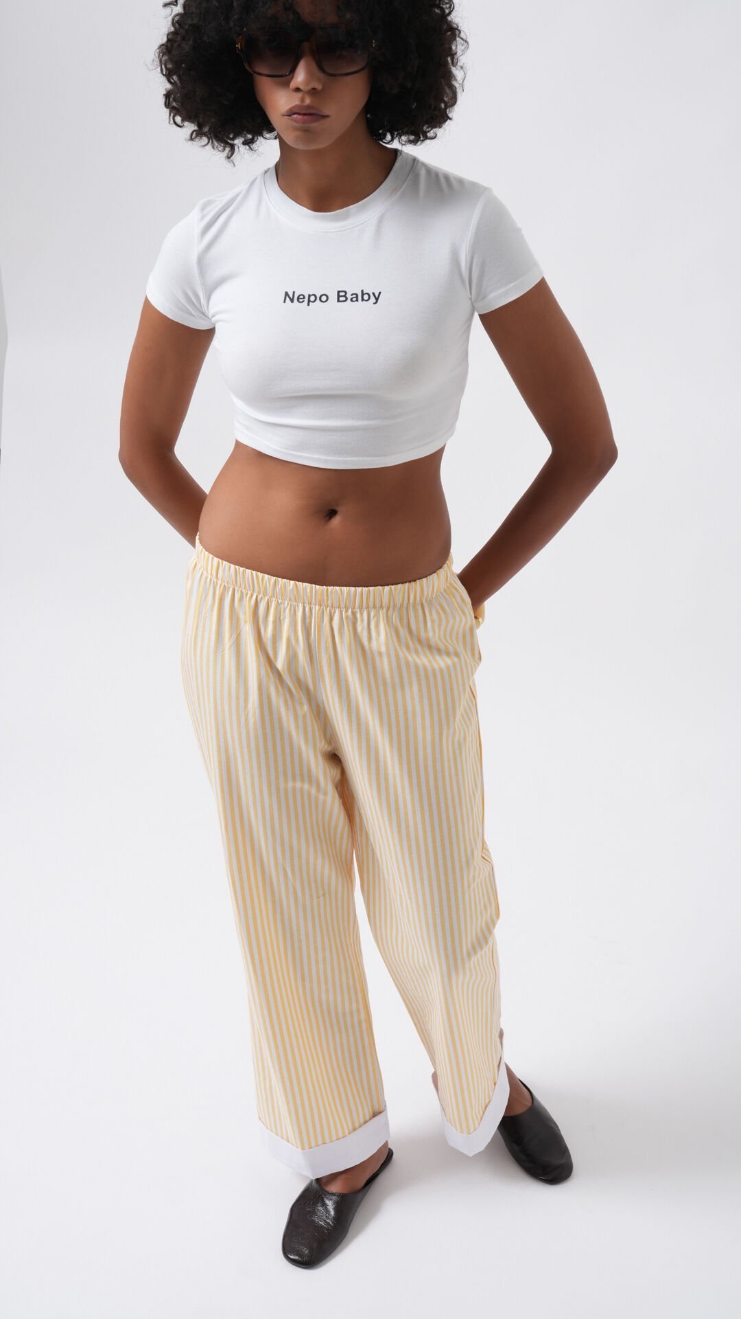 Wholesale Leg Stripe Detail Striped Yellow Trousers