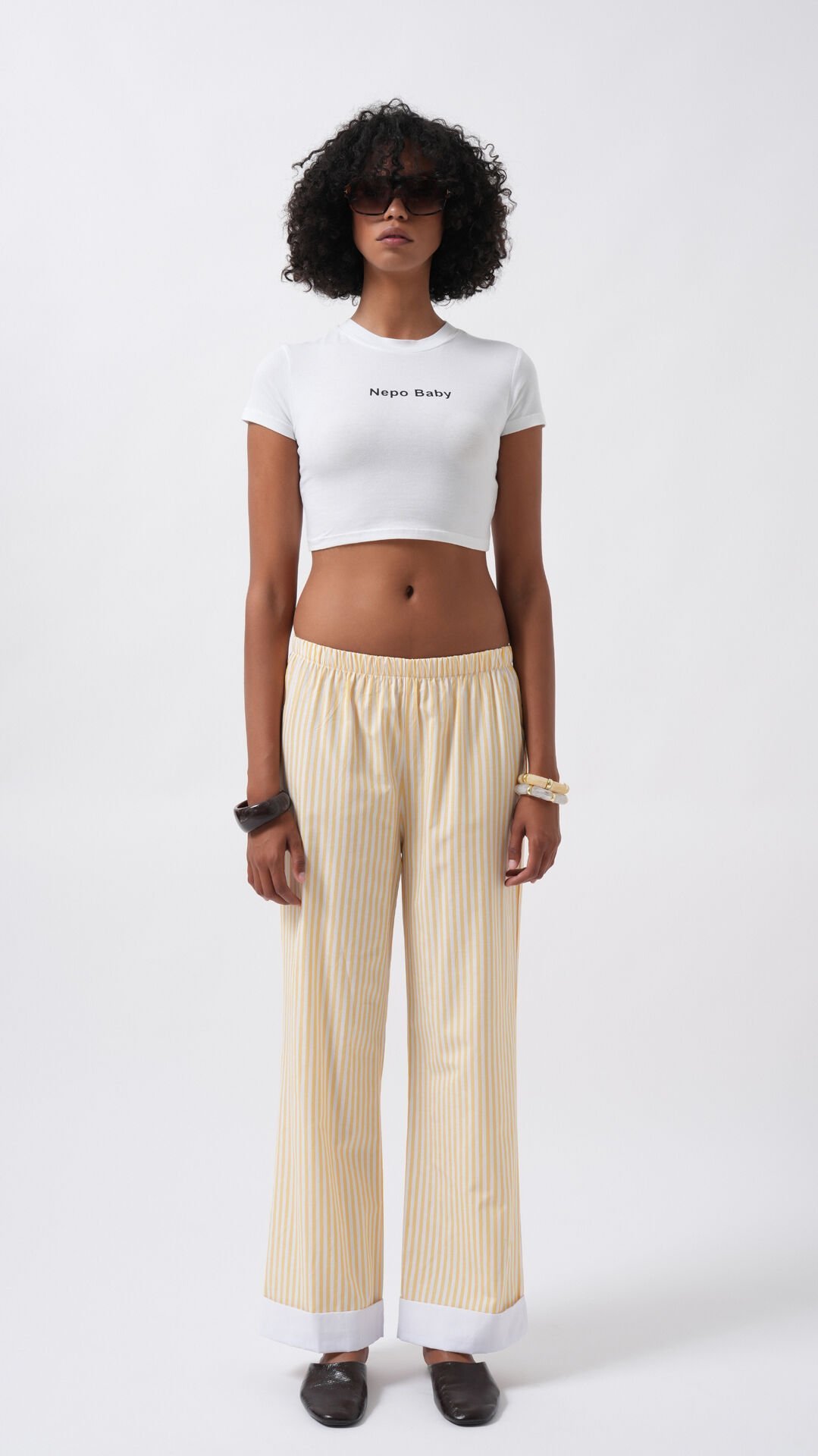 Wholesale Leg Stripe Detail Striped Yellow Trousers