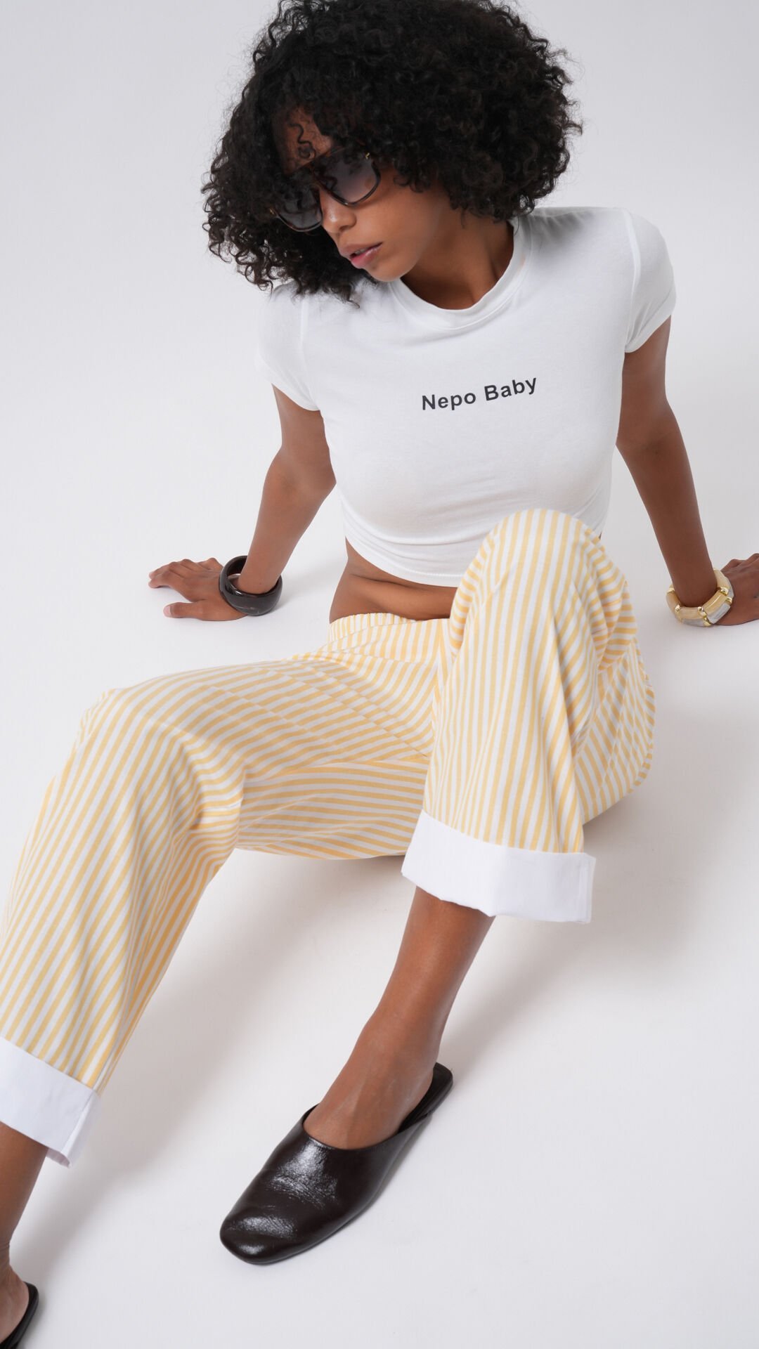 Wholesale Leg Stripe Detail Striped Yellow Trousers