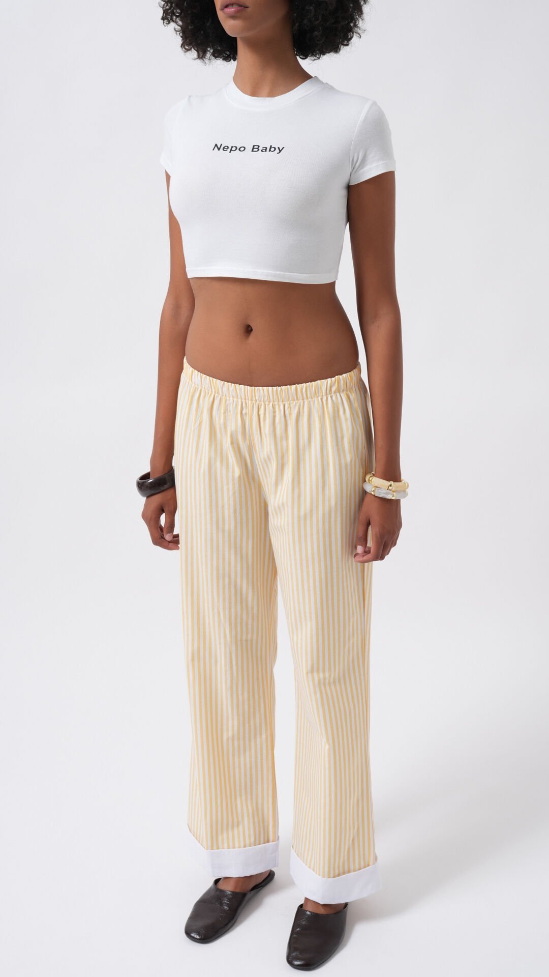Wholesale Leg Stripe Detail Striped Yellow Trousers