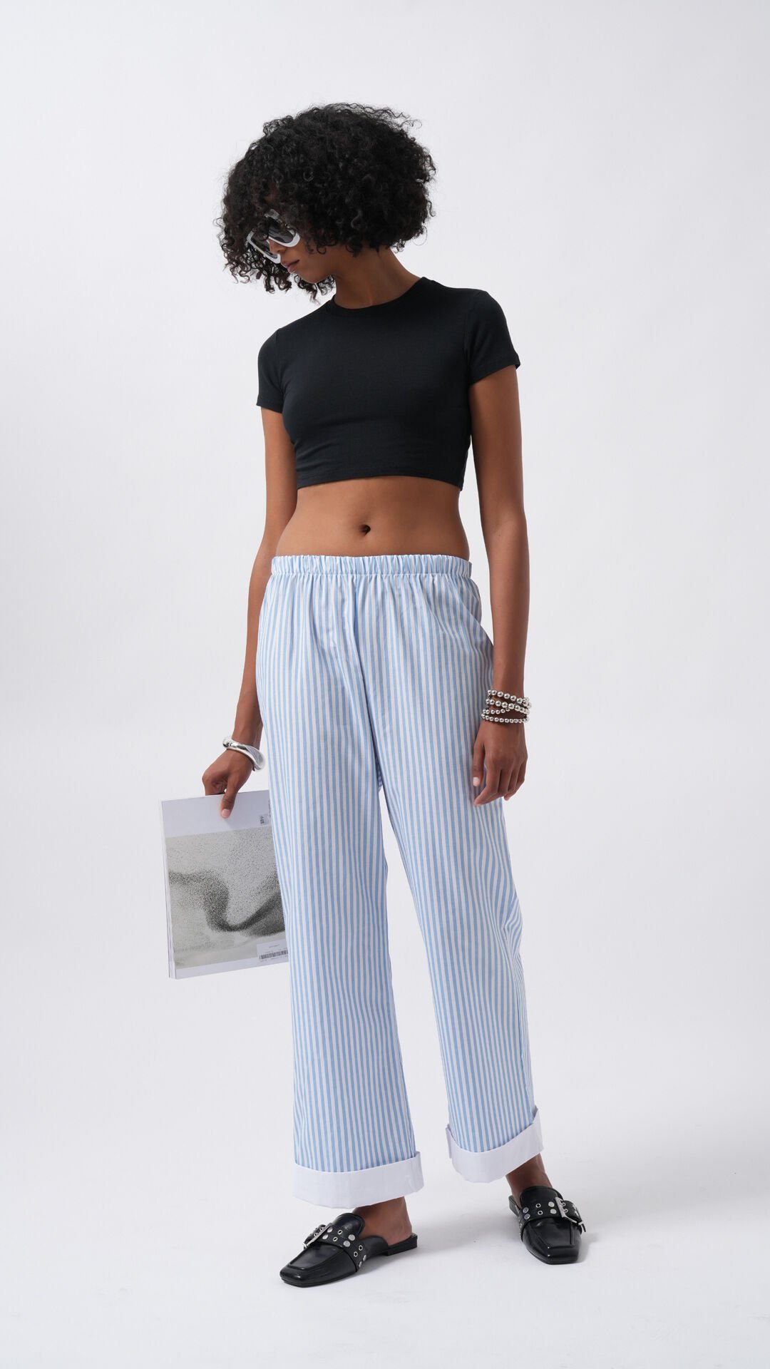 Wholesale Leg Stripe Detail Striped Blue Trousers