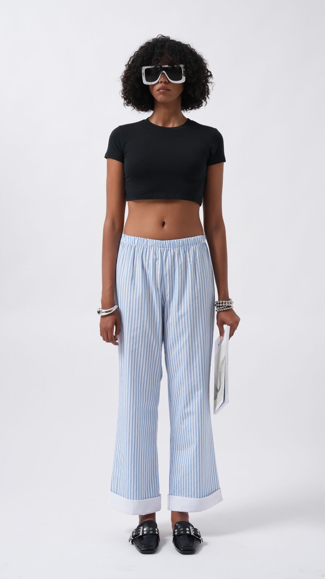 Wholesale Leg Stripe Detail Striped Blue Trousers