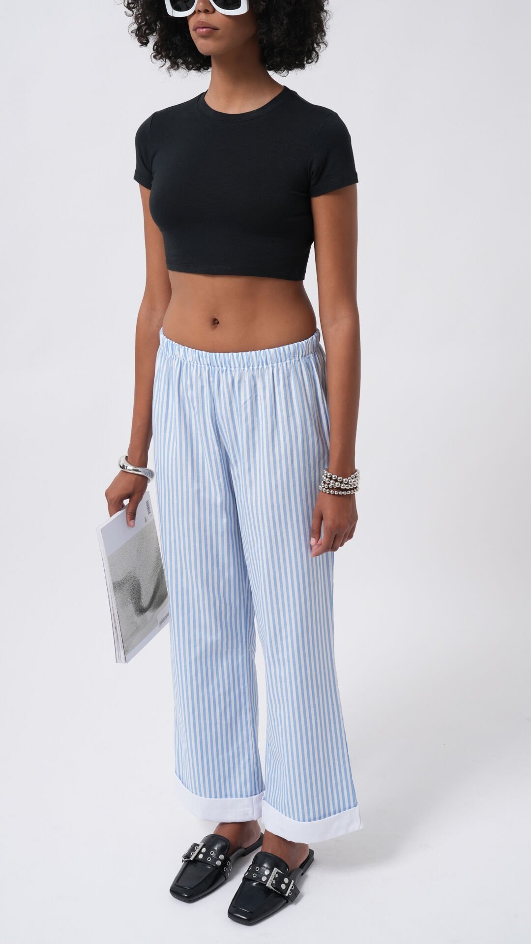 Wholesale Leg Stripe Detail Striped Blue Trousers
