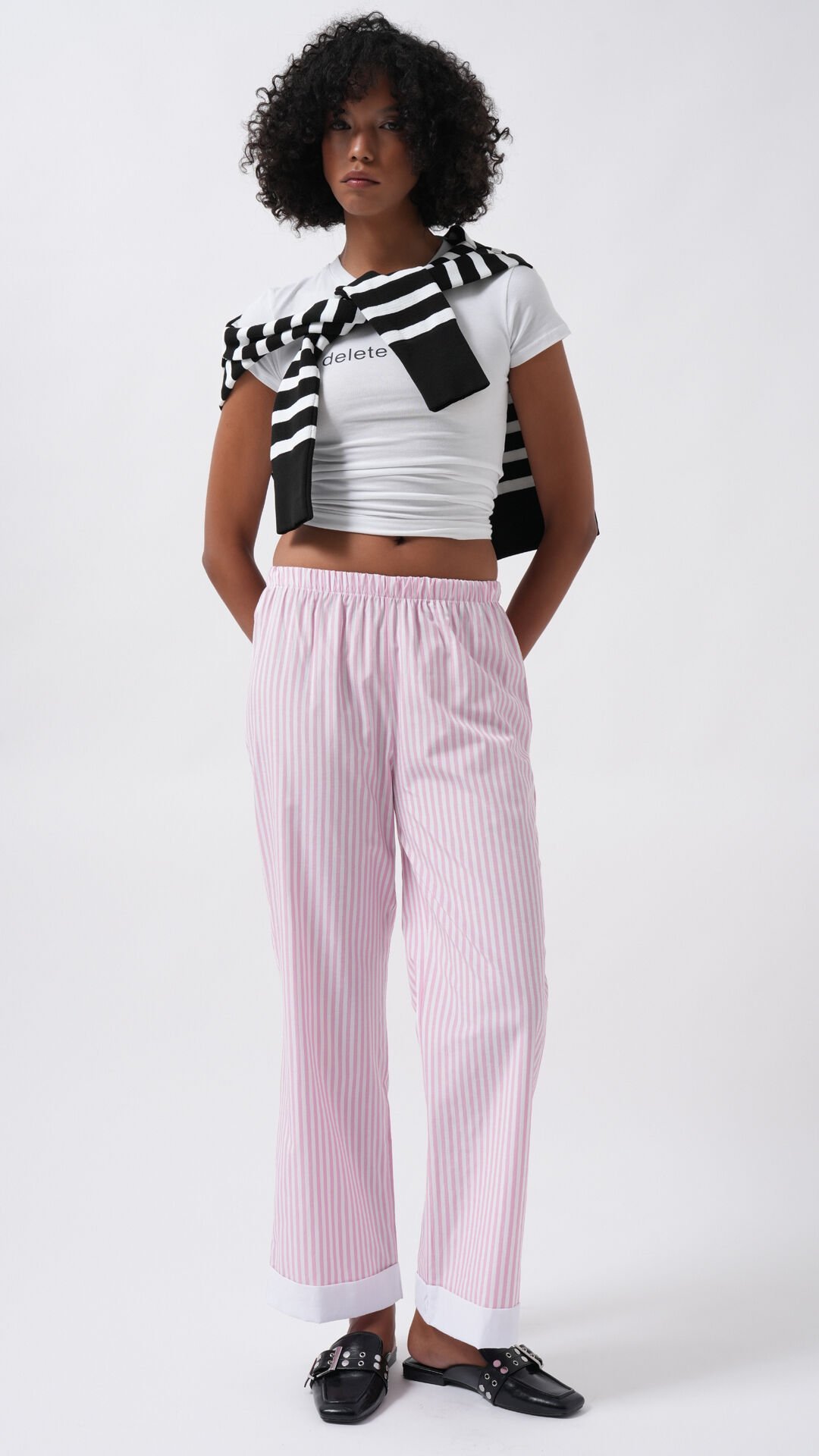 Wholesale Leg Stripe Detail Striped Pink Trousers