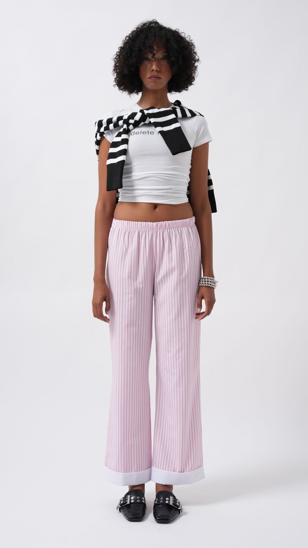 Wholesale Leg Stripe Detail Striped Pink Trousers