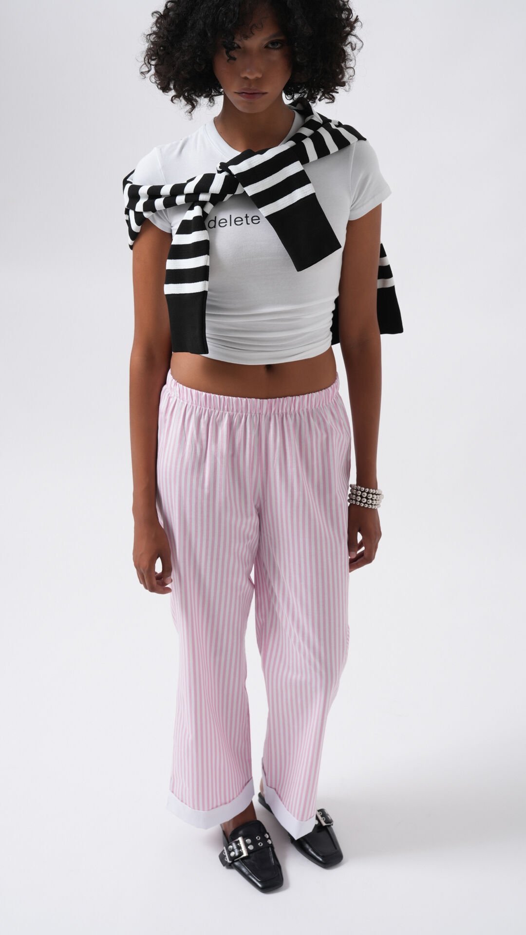 Wholesale Leg Stripe Detail Striped Pink Trousers