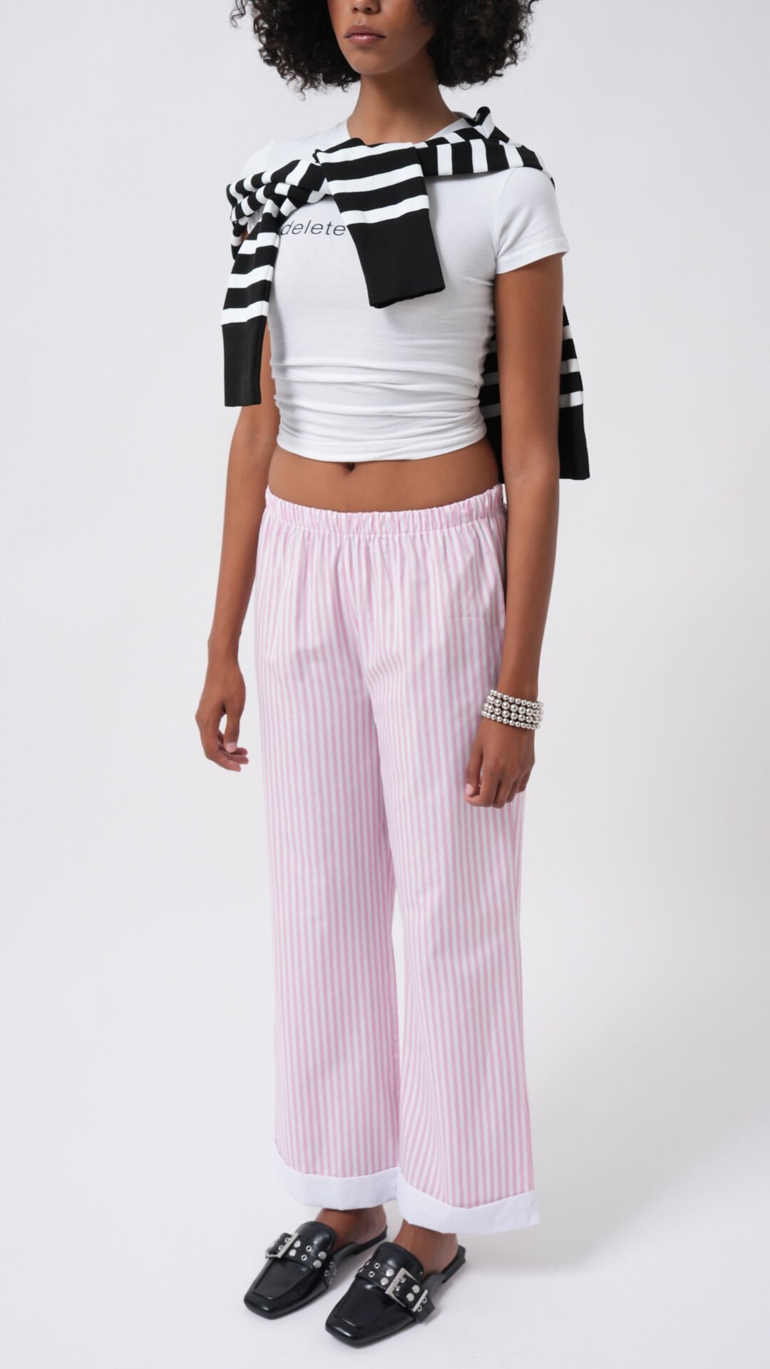 Wholesale Leg Stripe Detail Striped Pink Trousers