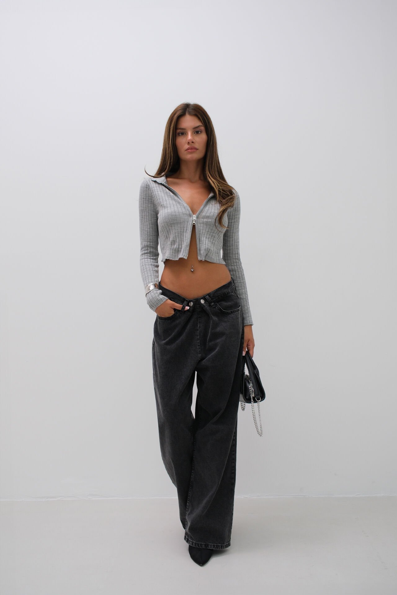 Wholesale Zippered Polo Neck Gray Knitwear Sweater