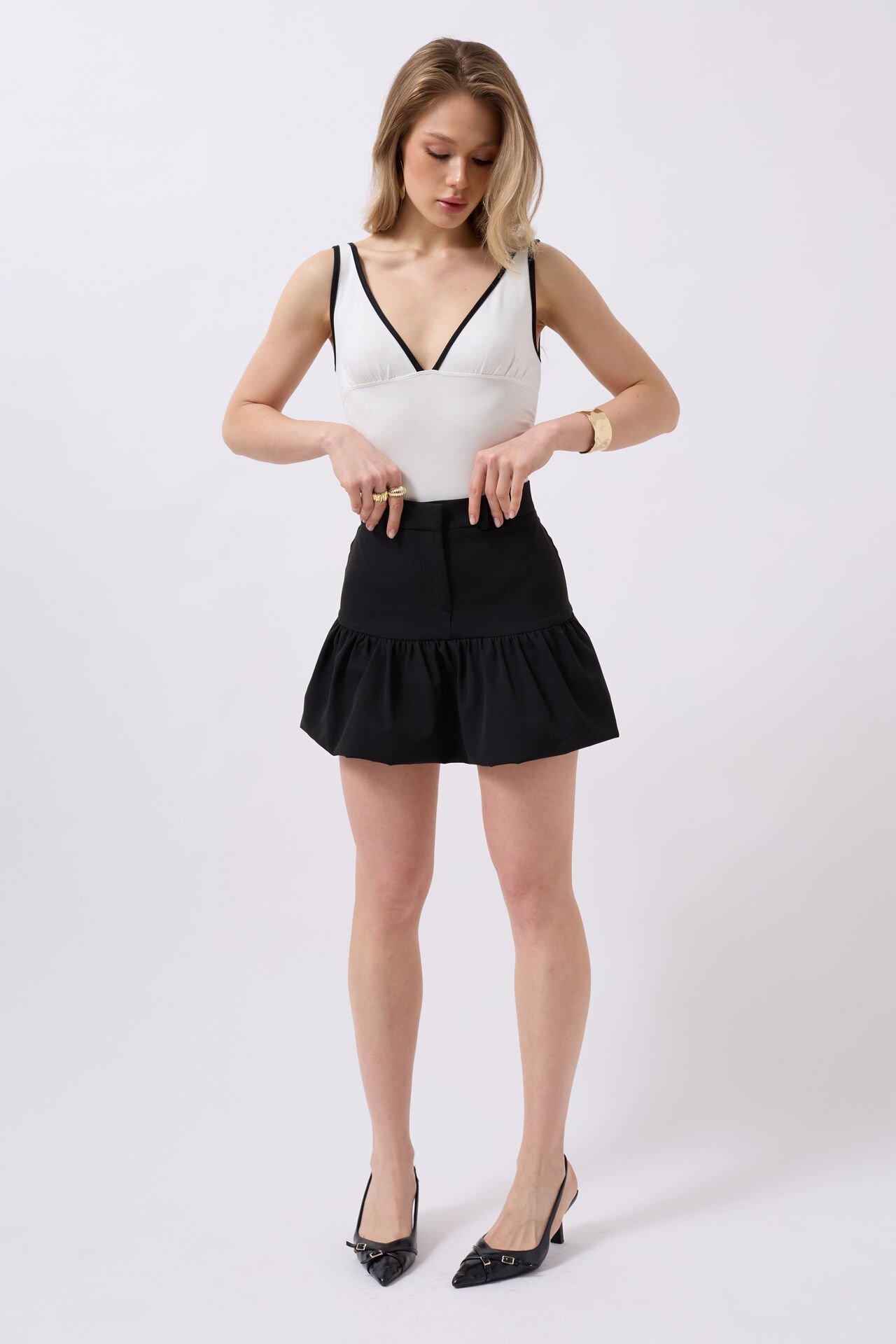 Wholesale Gathered Detail Mini Black Skirt