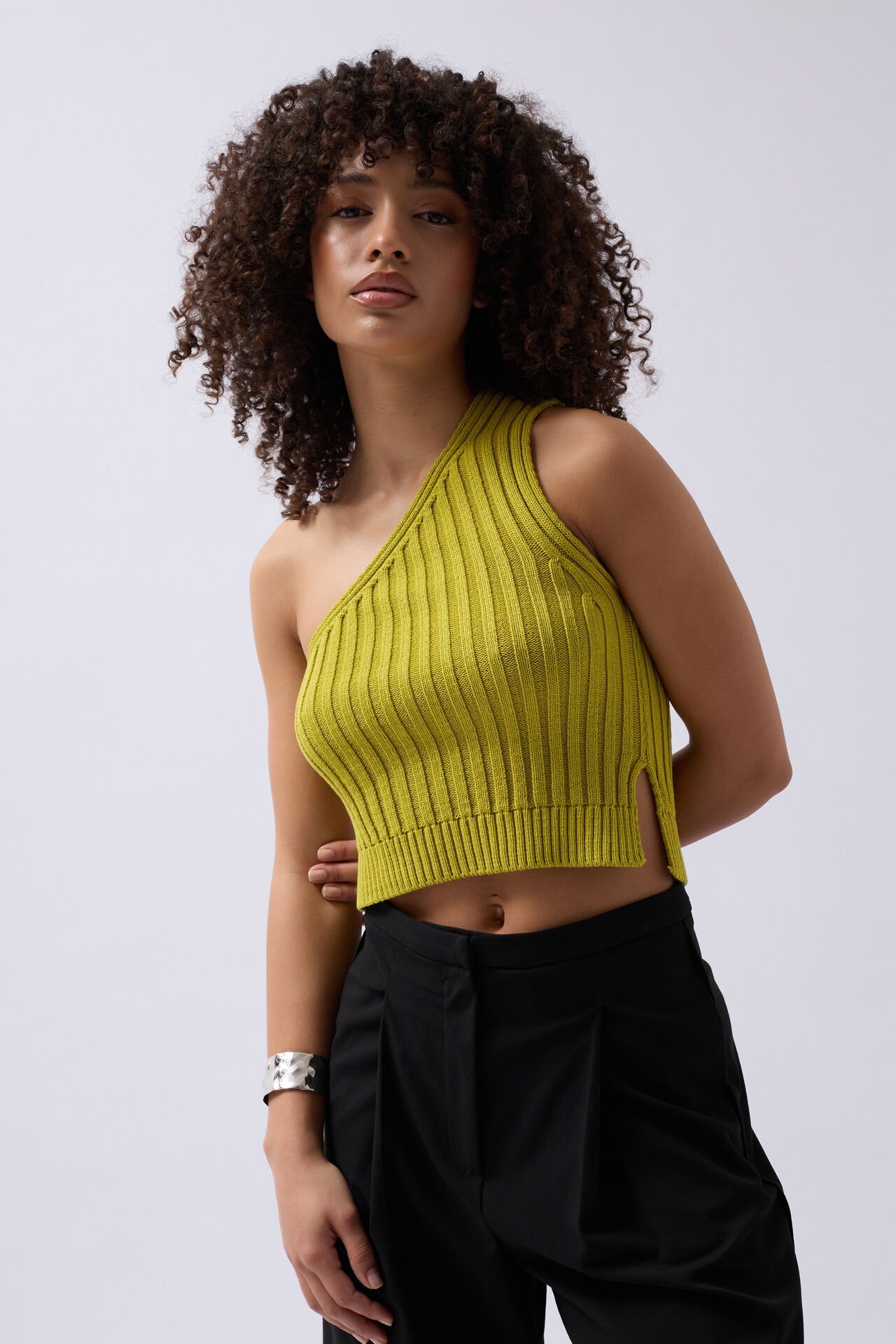 Wholesale One Shoulder Knitted Green Blouse