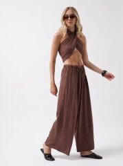 Toptan Düşük Bel Oversize Keten Kahverengi Pantolon