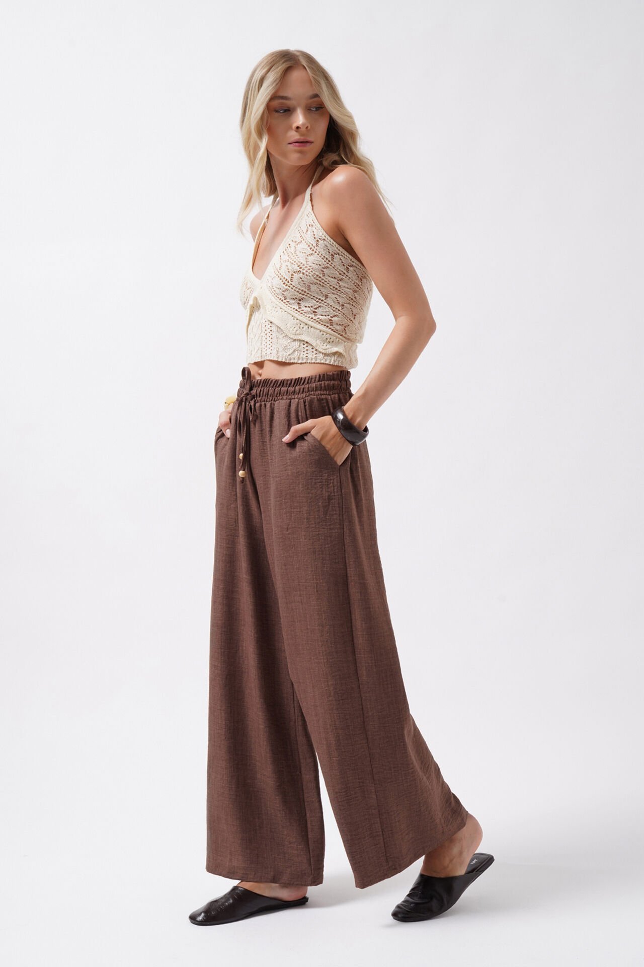 Wholesale Dark Brown Trousers with Elastic Waistband and Tie Detail