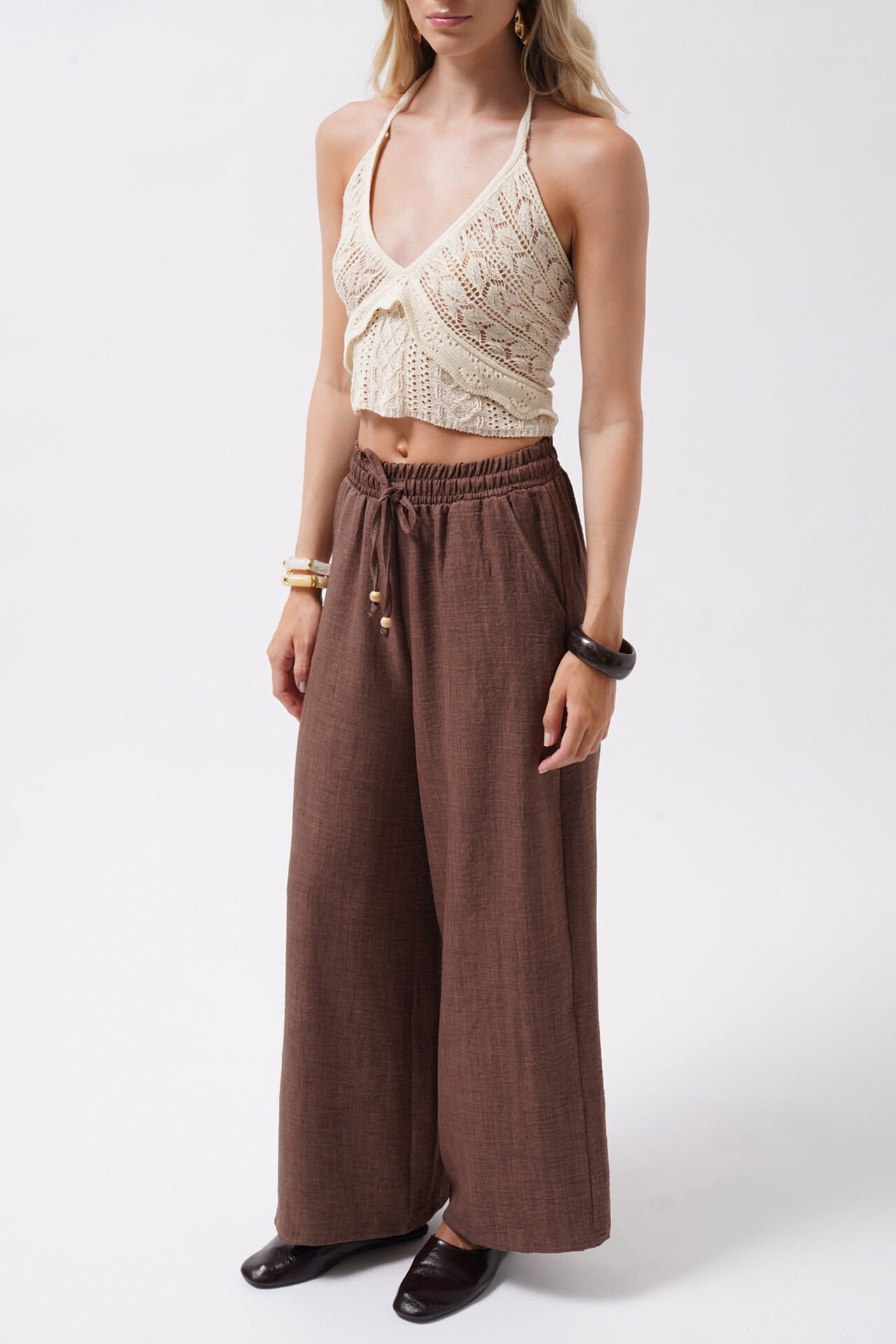 Wholesale Dark Brown Trousers with Elastic Waistband and Tie Detail