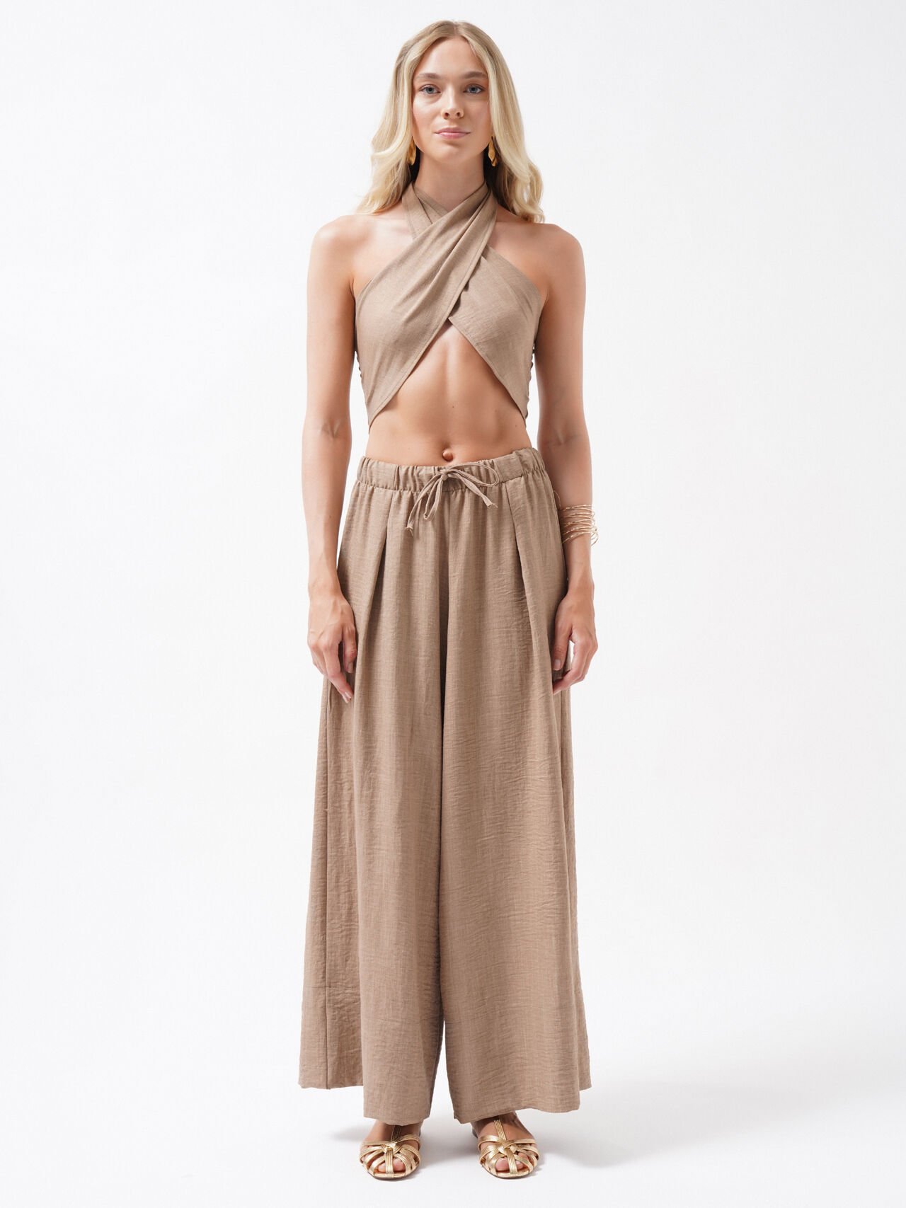Wholesale Cross-Laced Linen Beige Crop