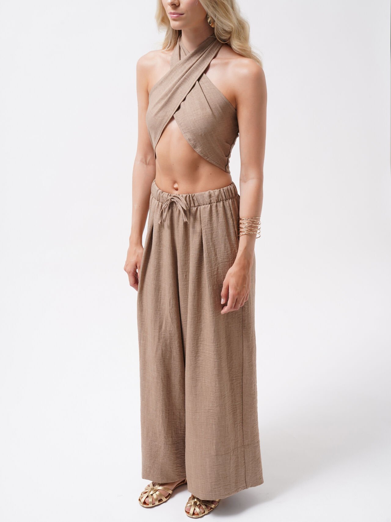 Wholesale Cross-Laced Linen Beige Crop