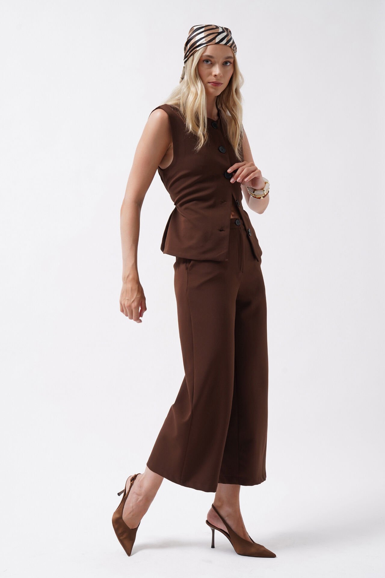 Wholesale Wide Leg Midi Length Brown Trousers