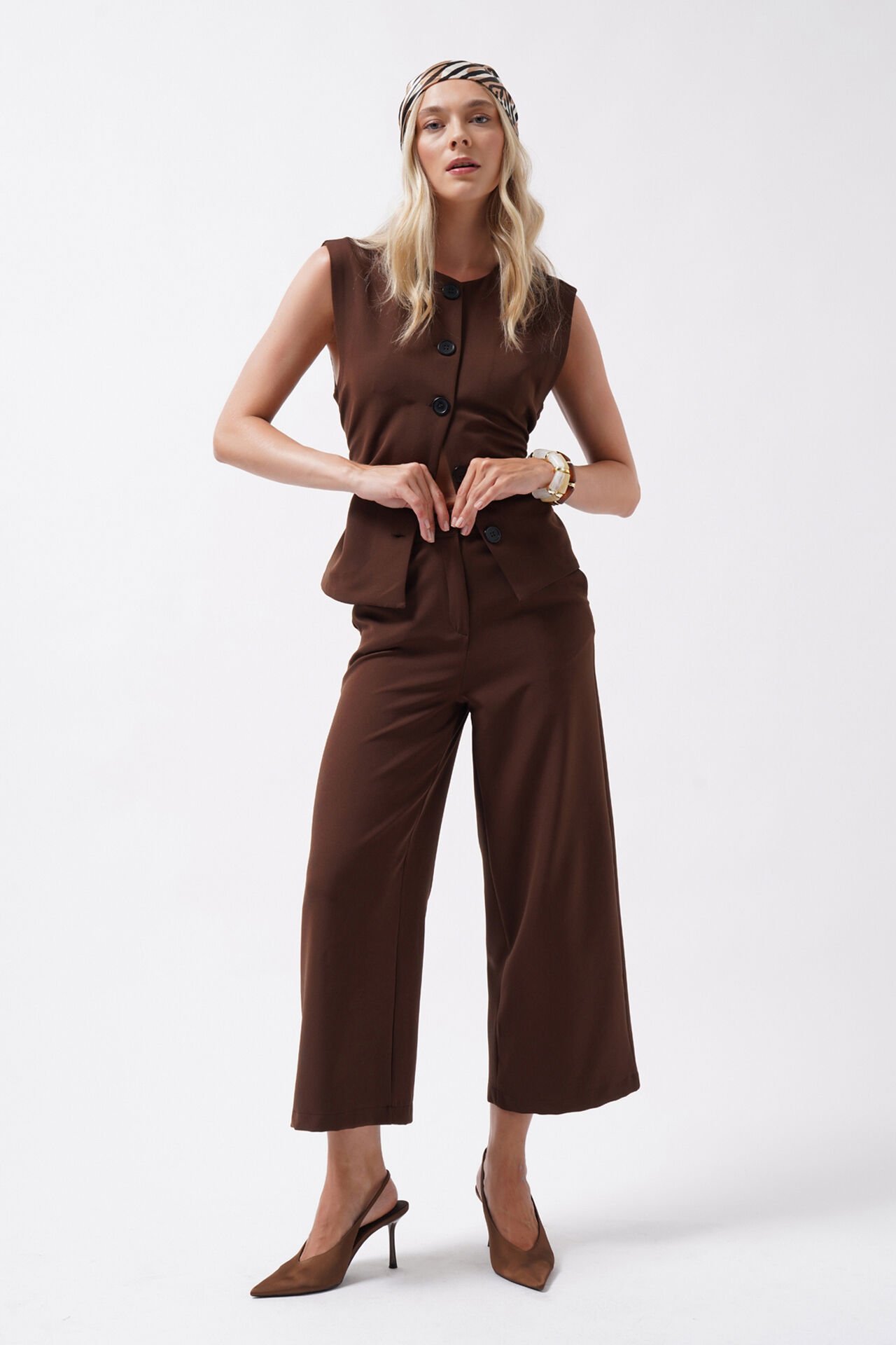 Wholesale Wide Leg Midi Length Brown Trousers
