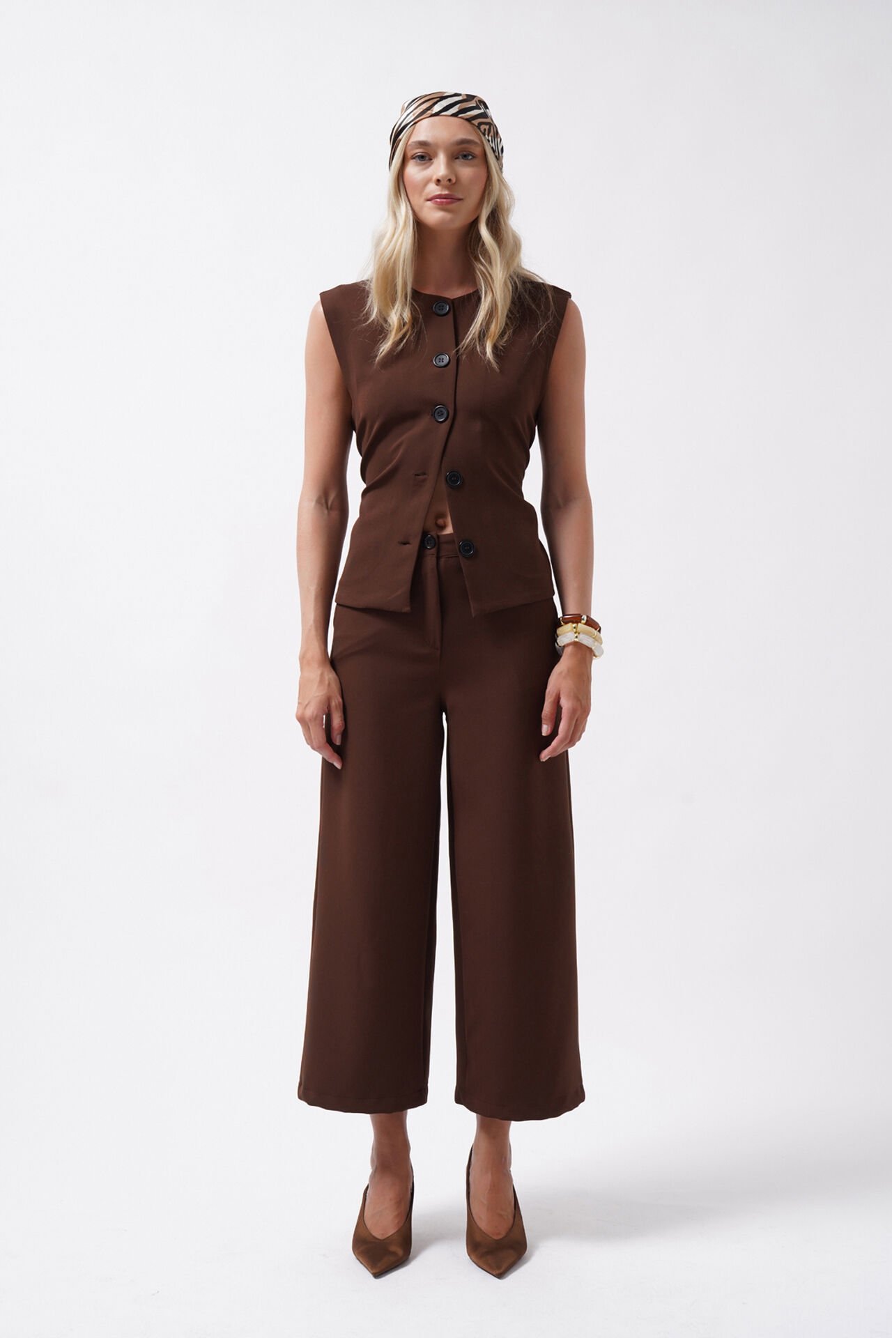 Wholesale Wide Leg Midi Length Brown Trousers
