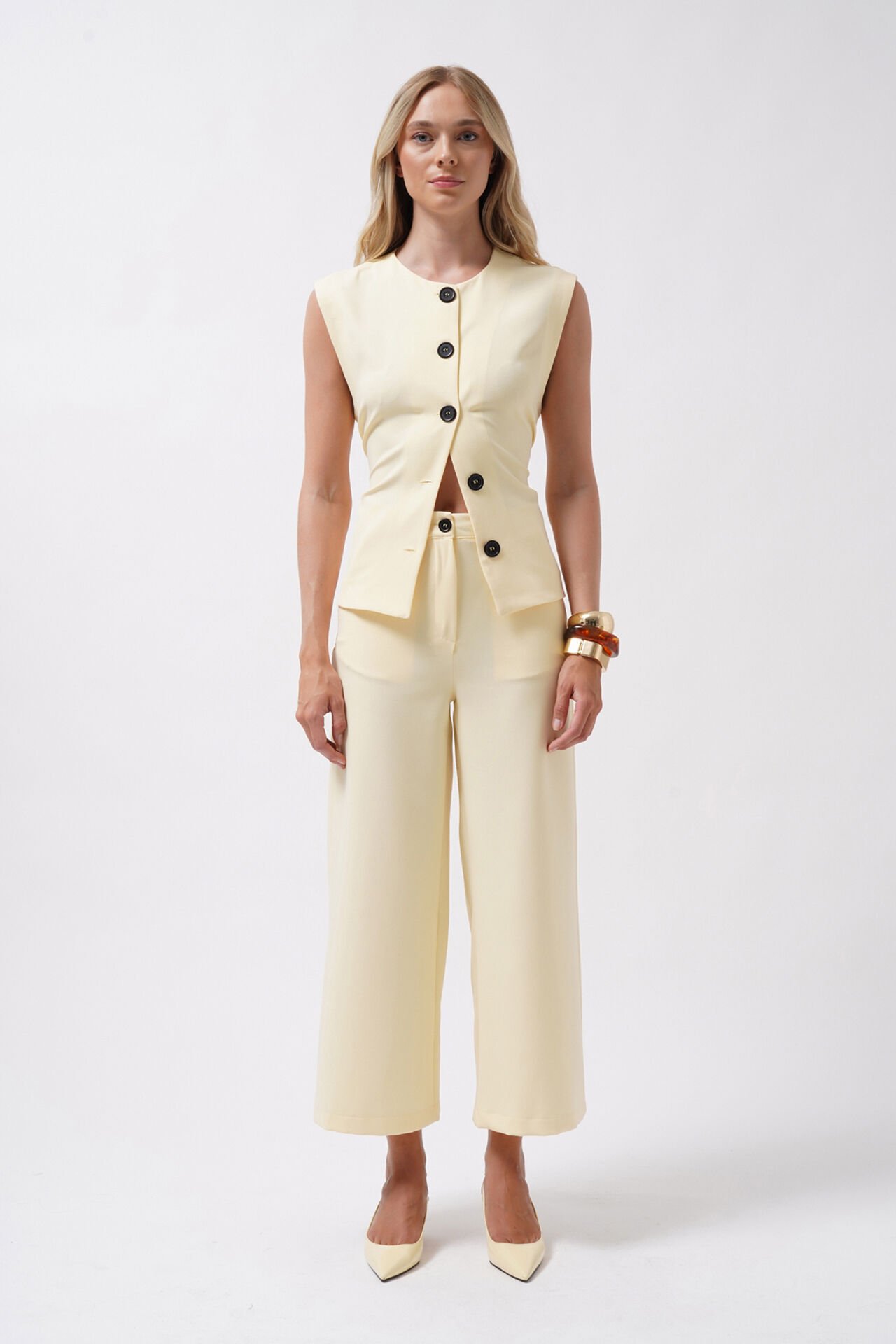 Wholesale Wide Leg Midi Length Yellow Trousers