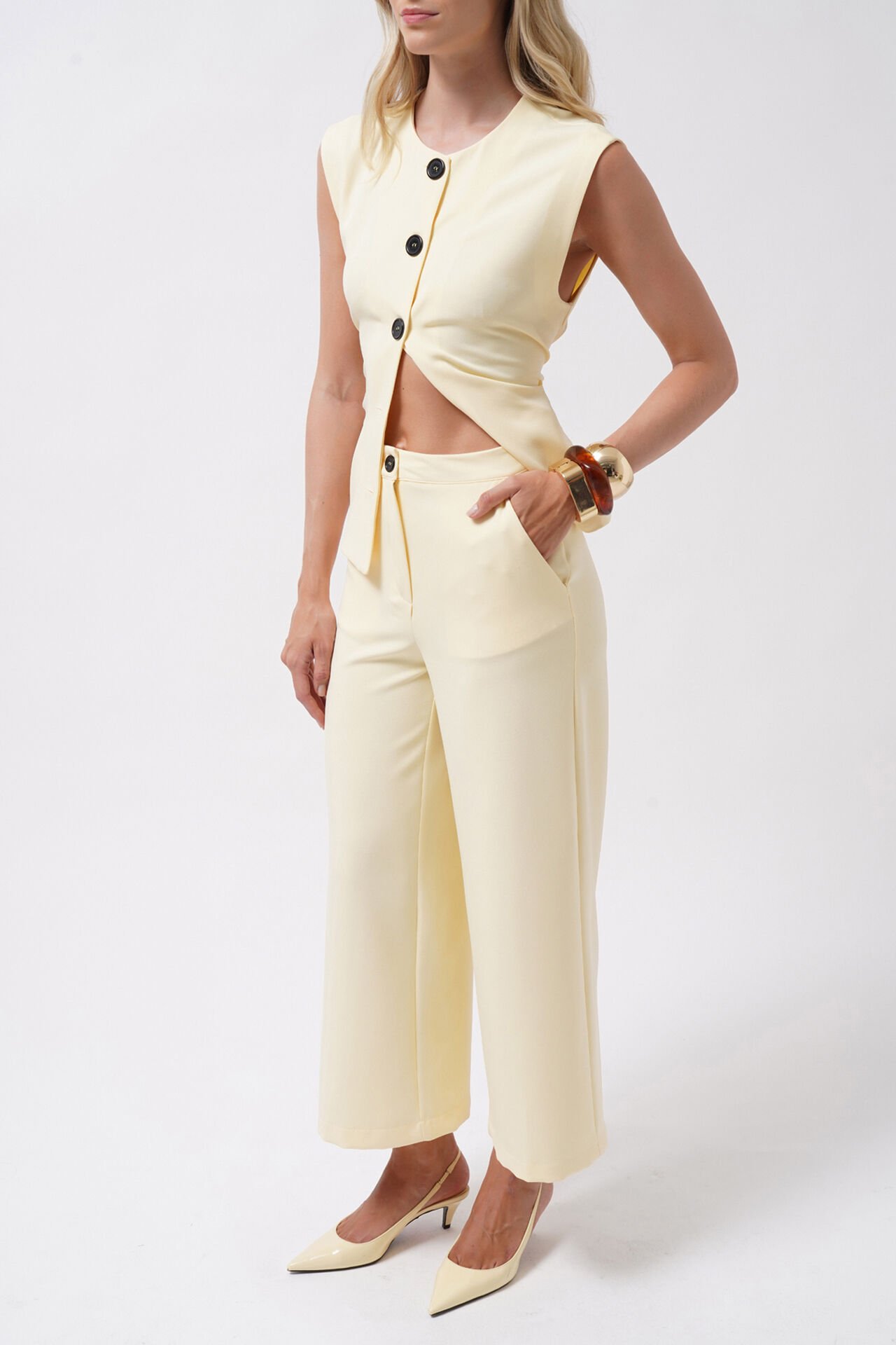 Wholesale Wide Leg Midi Length Yellow Trousers