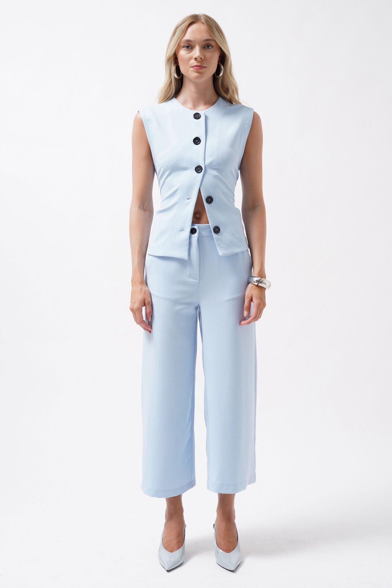 Wholesale Wide Leg Midi Length Blue Trousers