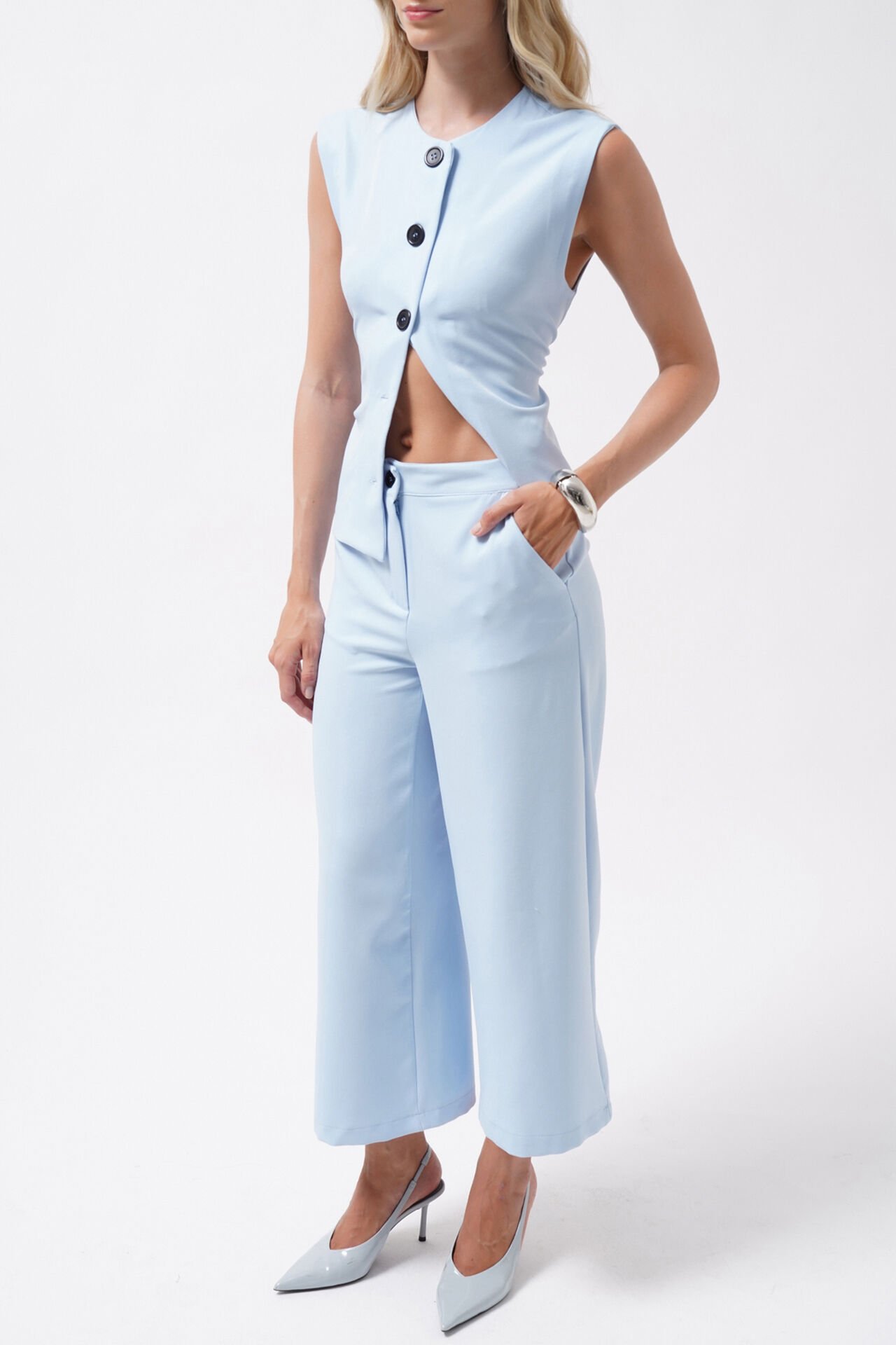 Wholesale Wide Leg Midi Length Blue Trousers