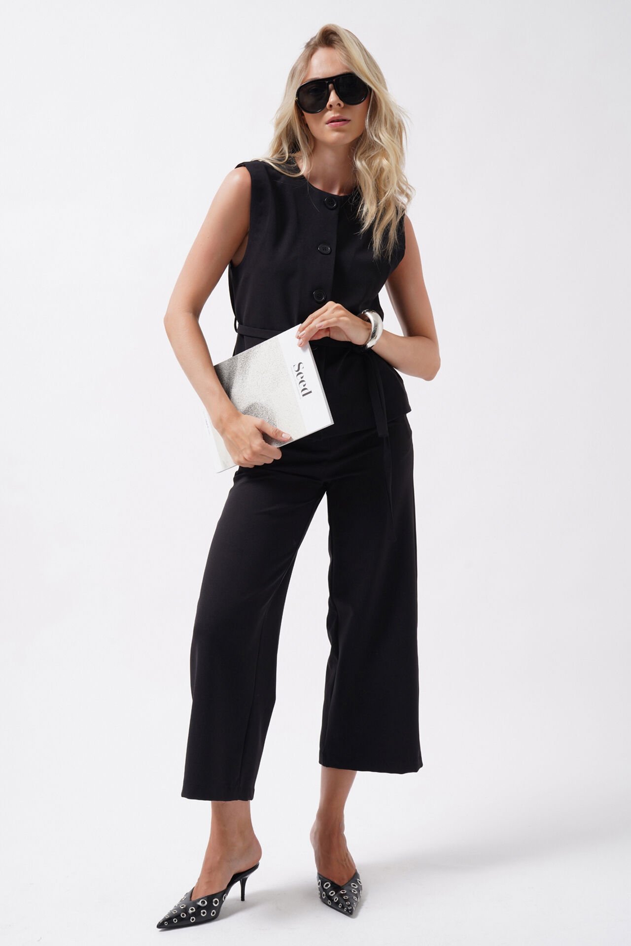 Wholesale Wide Leg Midi Length Black Trousers