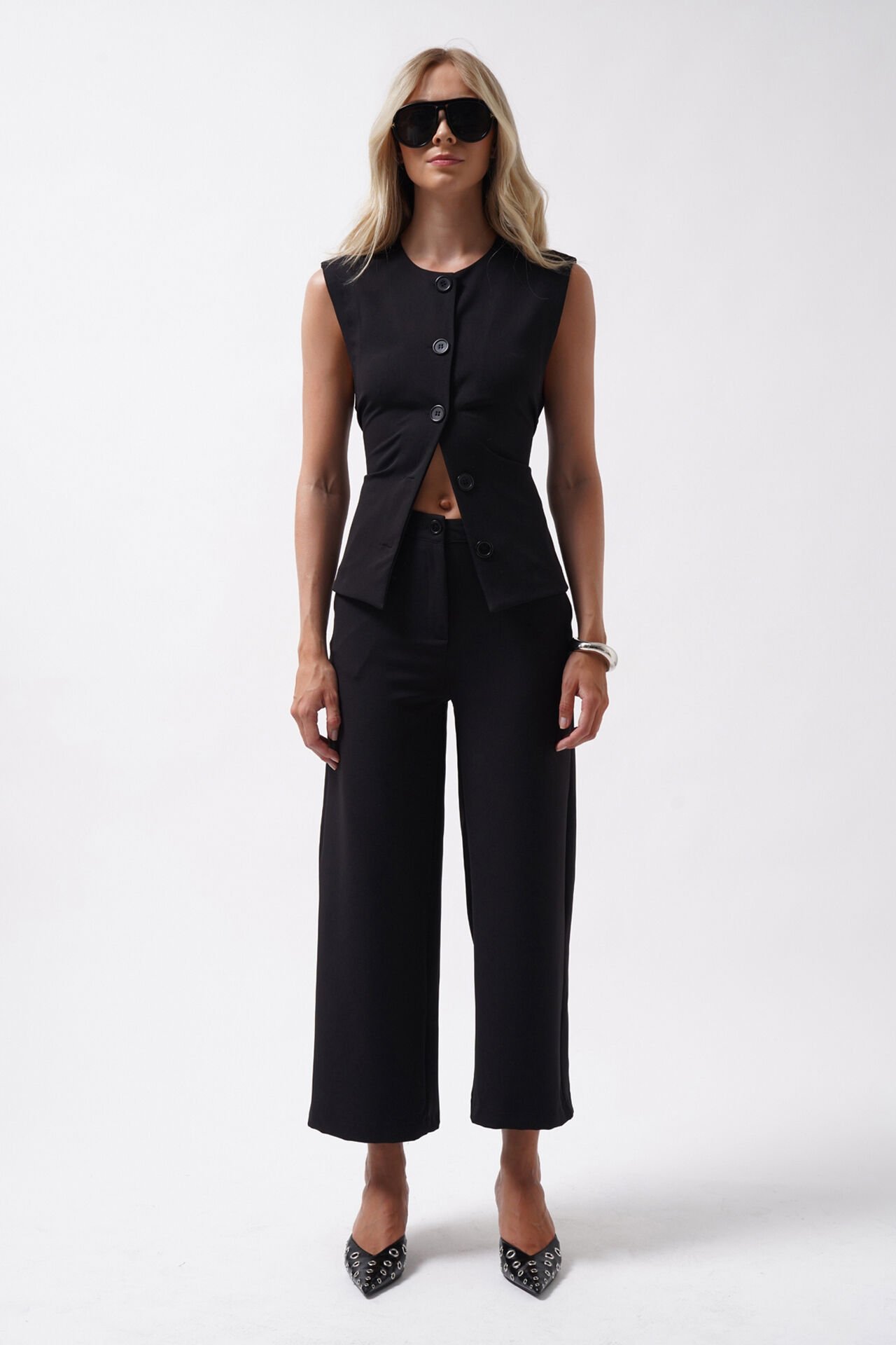Wholesale Wide Leg Midi Length Black Trousers