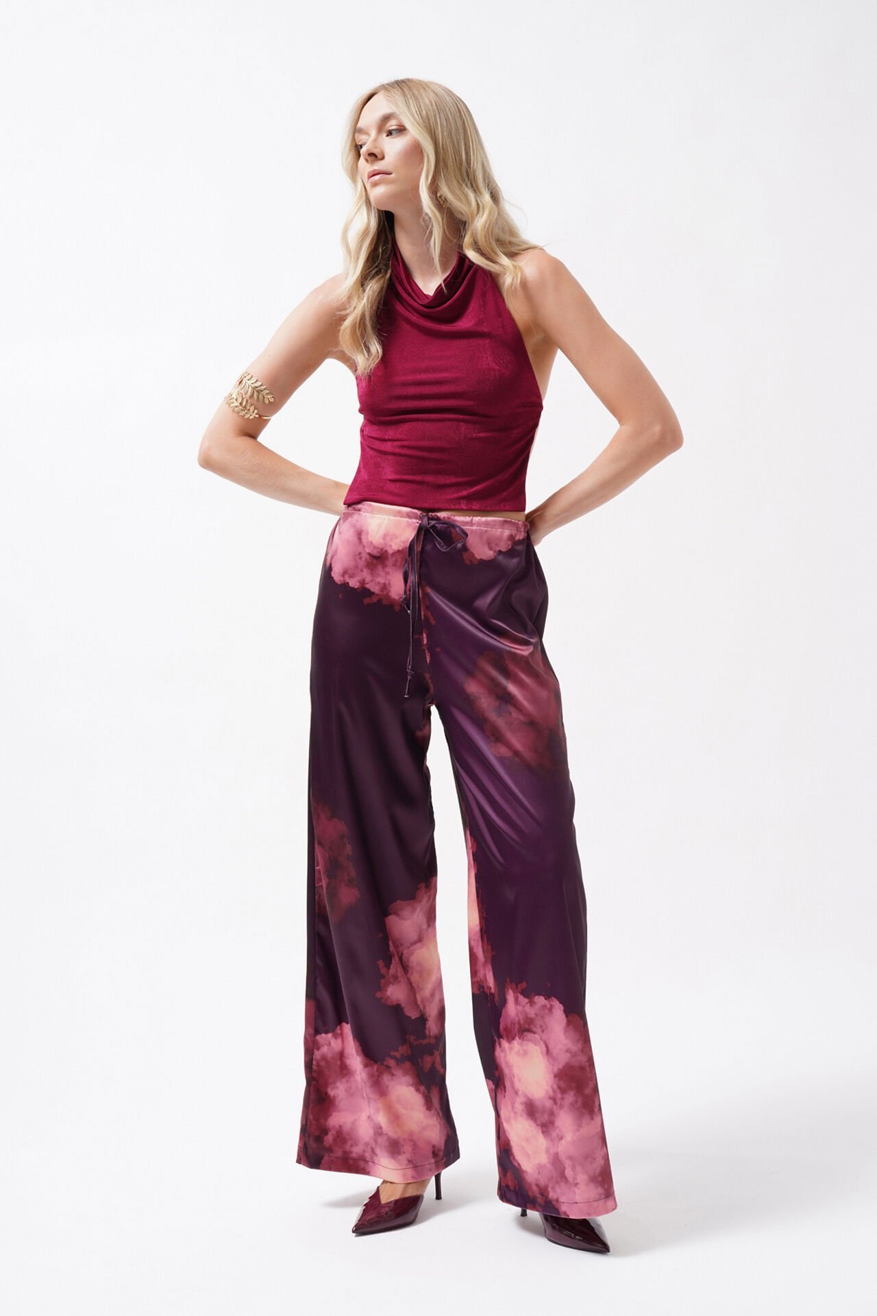 Wholesale Elastic Waist Patterned Satin Burgundy Trousers
