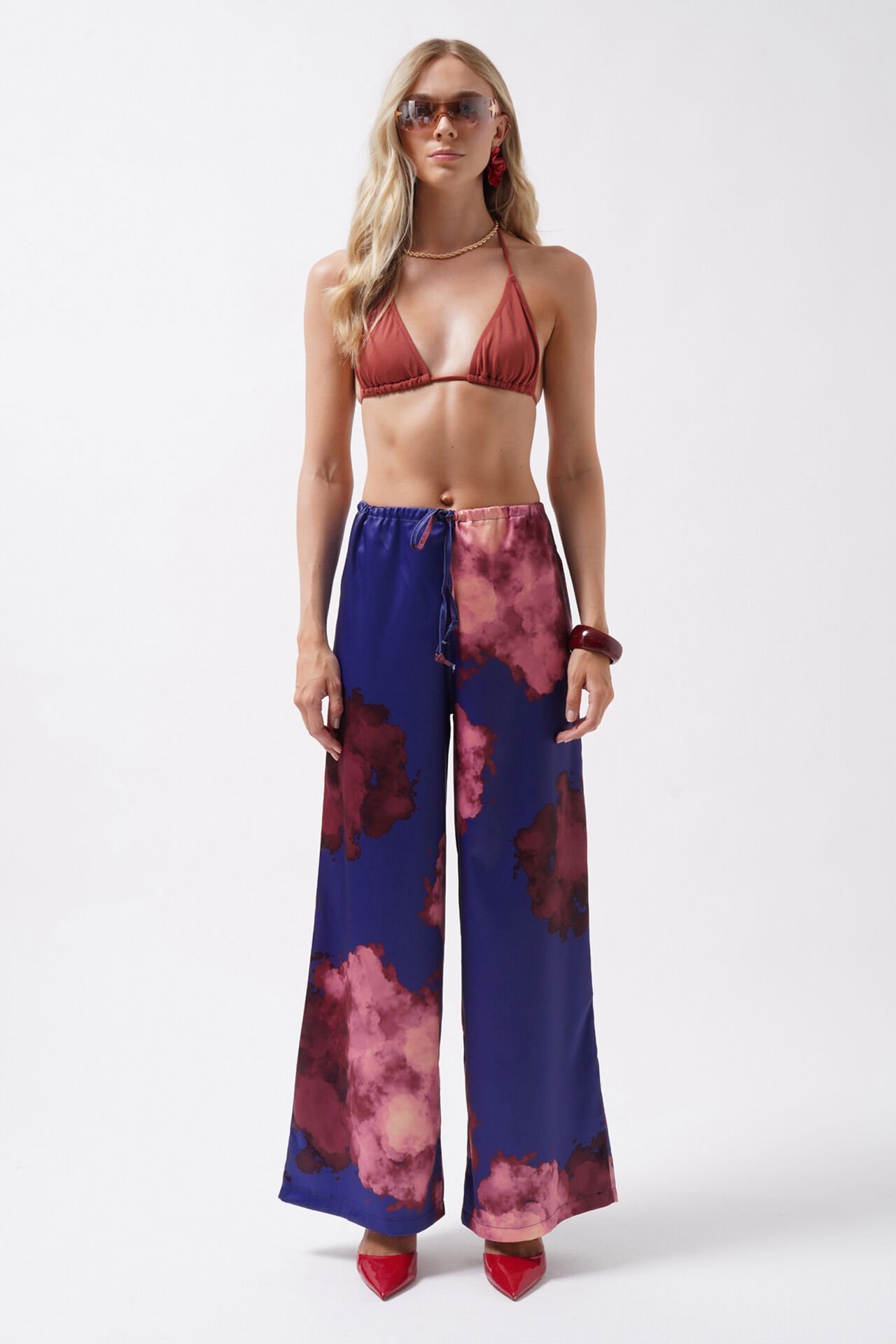 Wholesale Elastic Waist Patterned Satin Blue Trousers