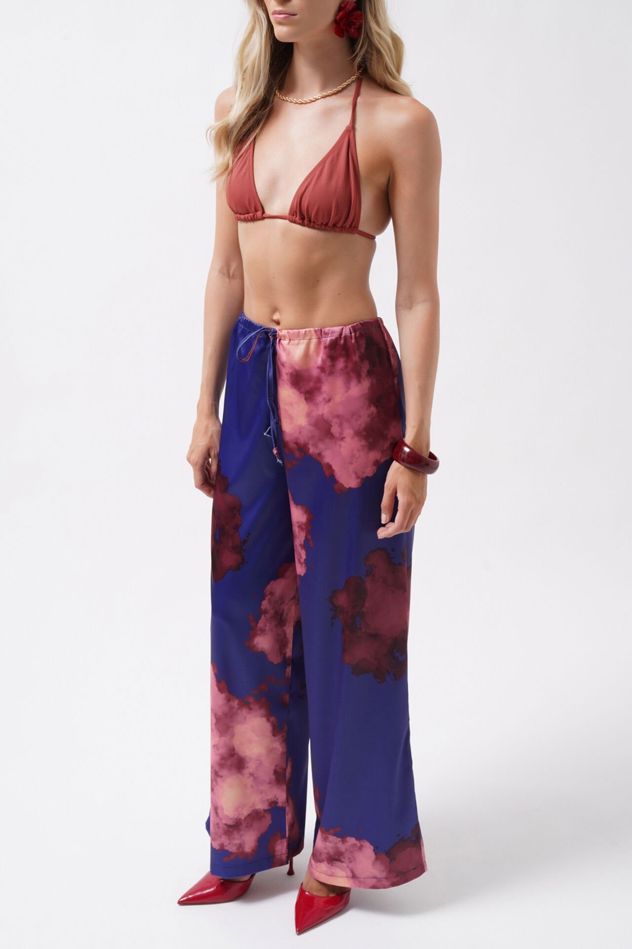 Wholesale Elastic Waist Patterned Satin Blue Trousers