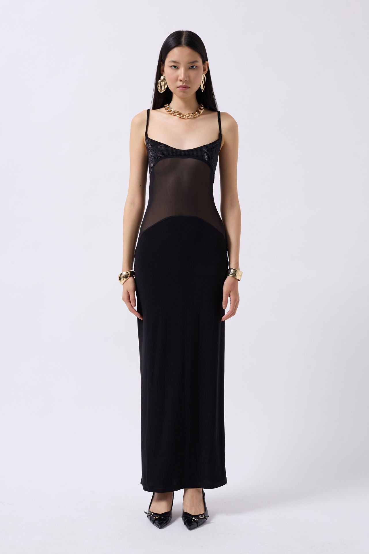Sequined Maxi Dress with Tulle Garnish