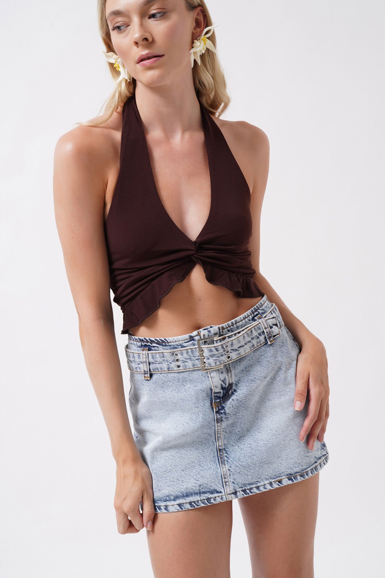 Toptan Kemer Detay Denim Mini Açık Mavi Etek