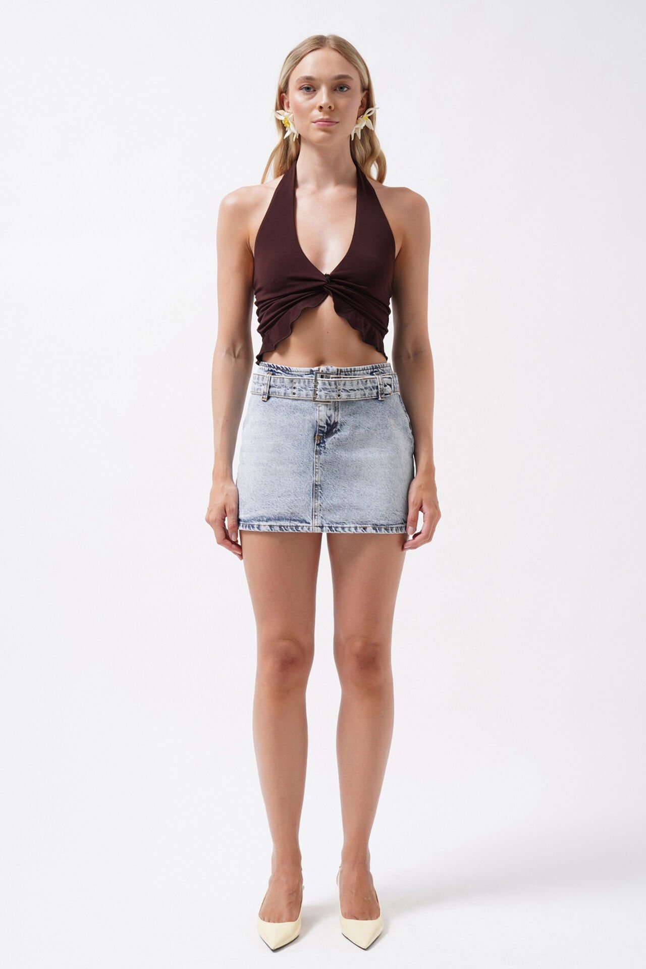 Toptan Kemer Detay Denim Mini Açık Mavi Etek