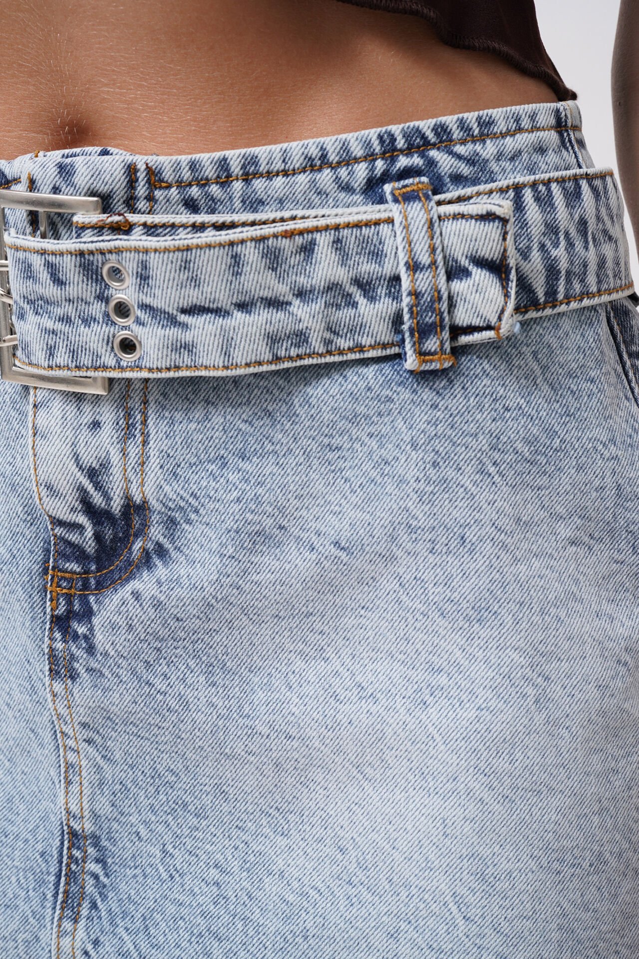 Wholesale Belt Detail Denim Mini Light Blue Skirt