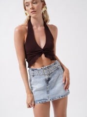 Toptan Kemer Detay Denim Mini Açık Mavi Etek