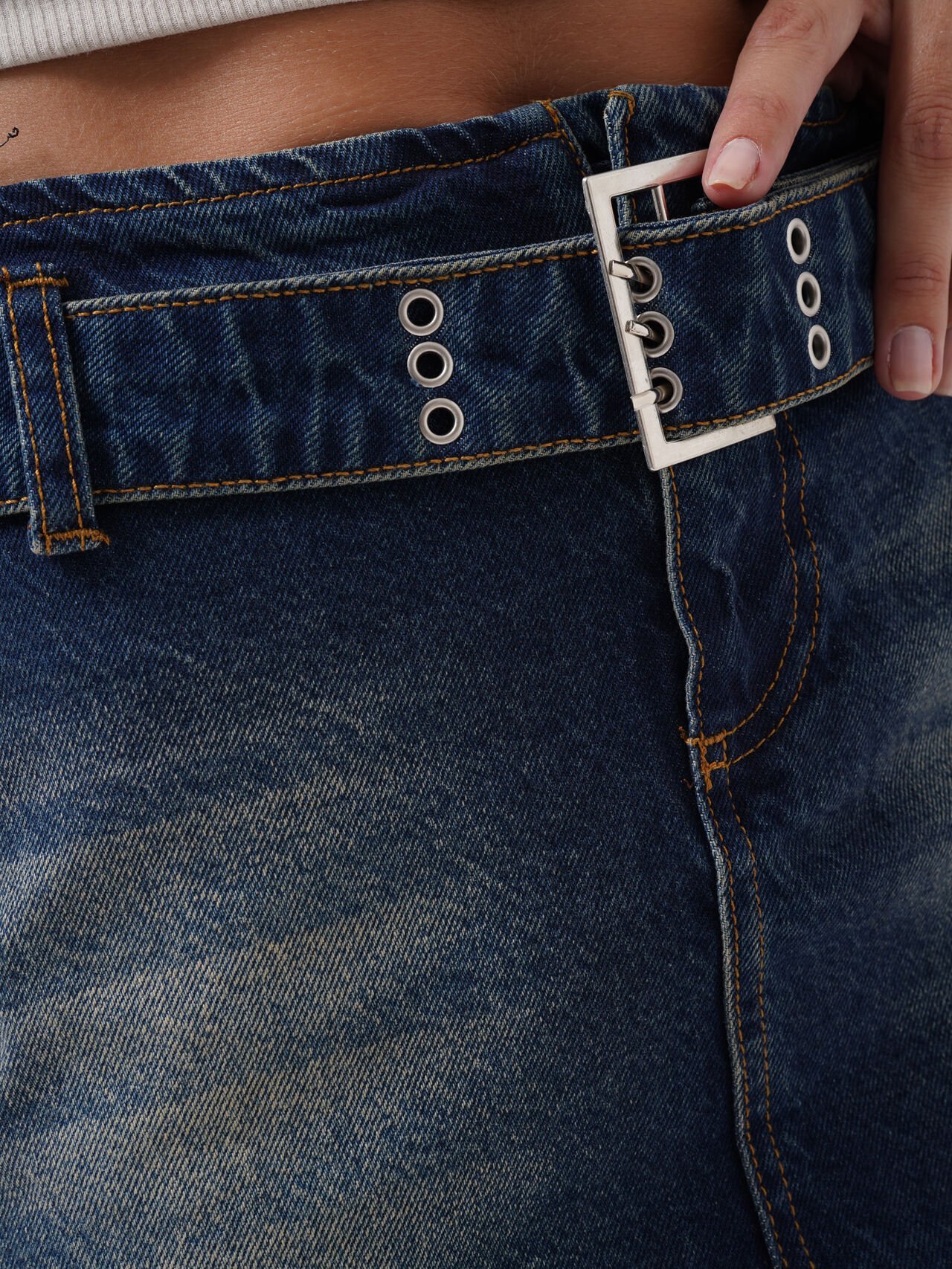 Toptan Kemer Detay Denim Mini Koyu Mavi Etek