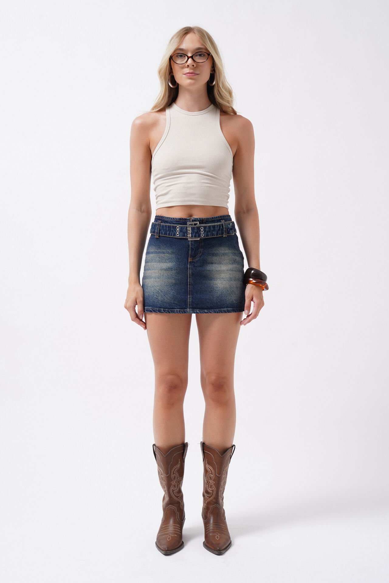 Wholesale Belt Detail Denim Mini Dark Blue Skirt