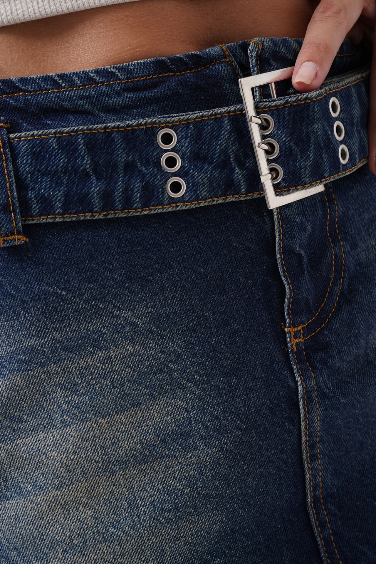 Toptan Kemer Detay Denim Mini Koyu Mavi Etek