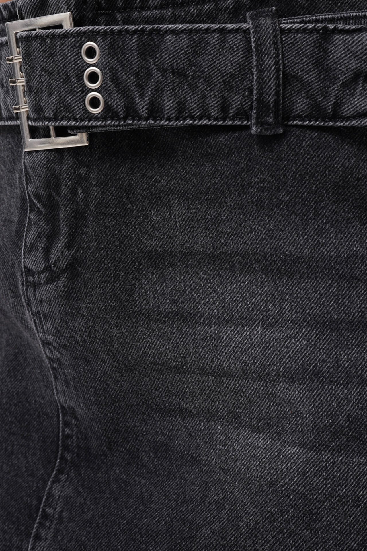 Toptan Kemer Detay Denim Mini Siyah Etek